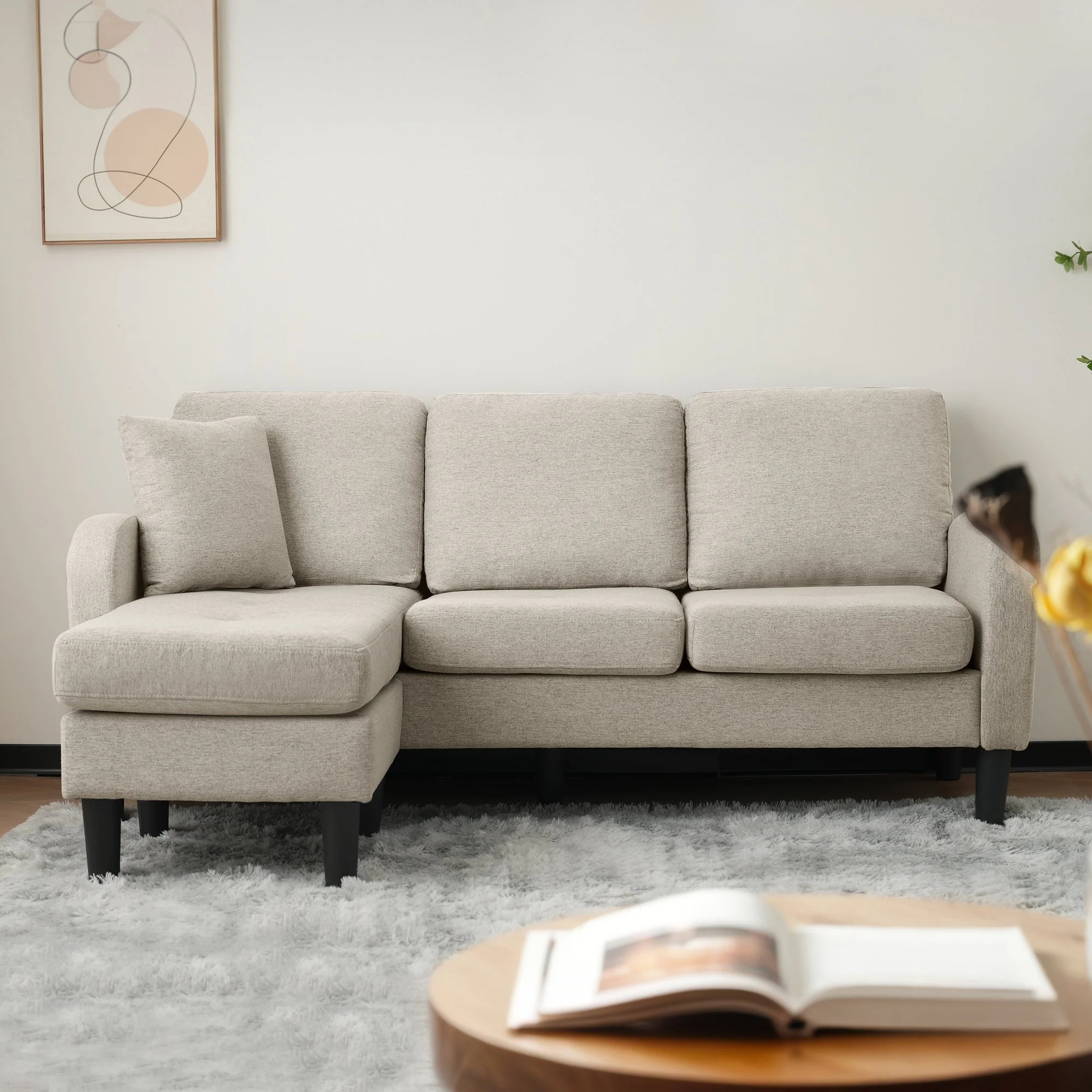 L-shaped Corner Sofa with Chaise Lounge, 3-Seater Modular Design, Cotton-Linen Fabric - Image 4