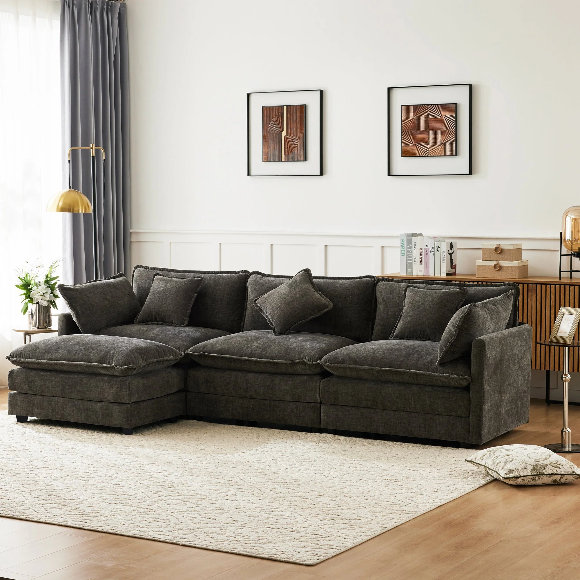 L-Shaped Corner Sofa with Footrest, 3-Seater Upholstered, Chenille Fabric - Image 2