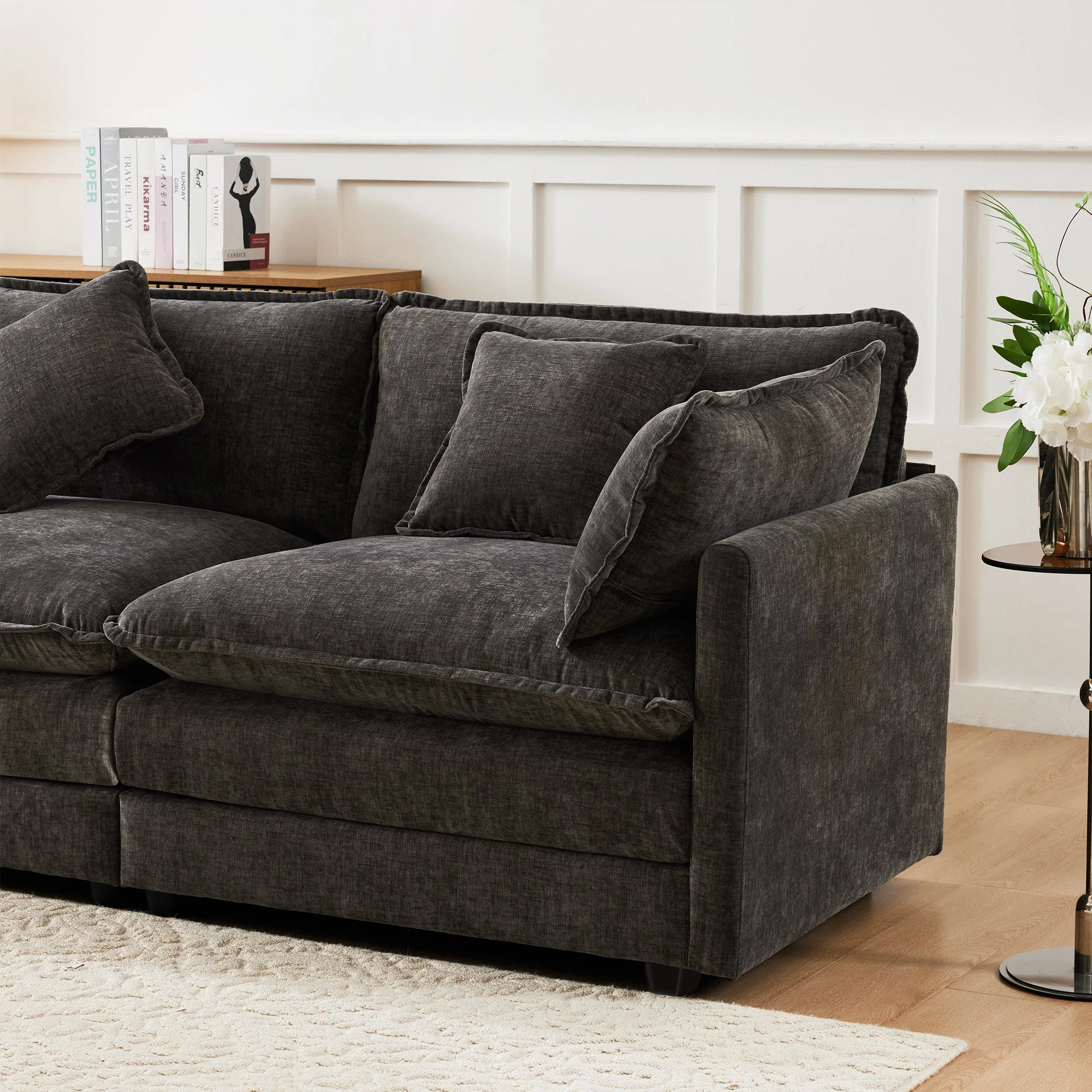 L-Shaped Corner Sofa with Footrest, 3-Seater Upholstered, Chenille Fabric - Image 6