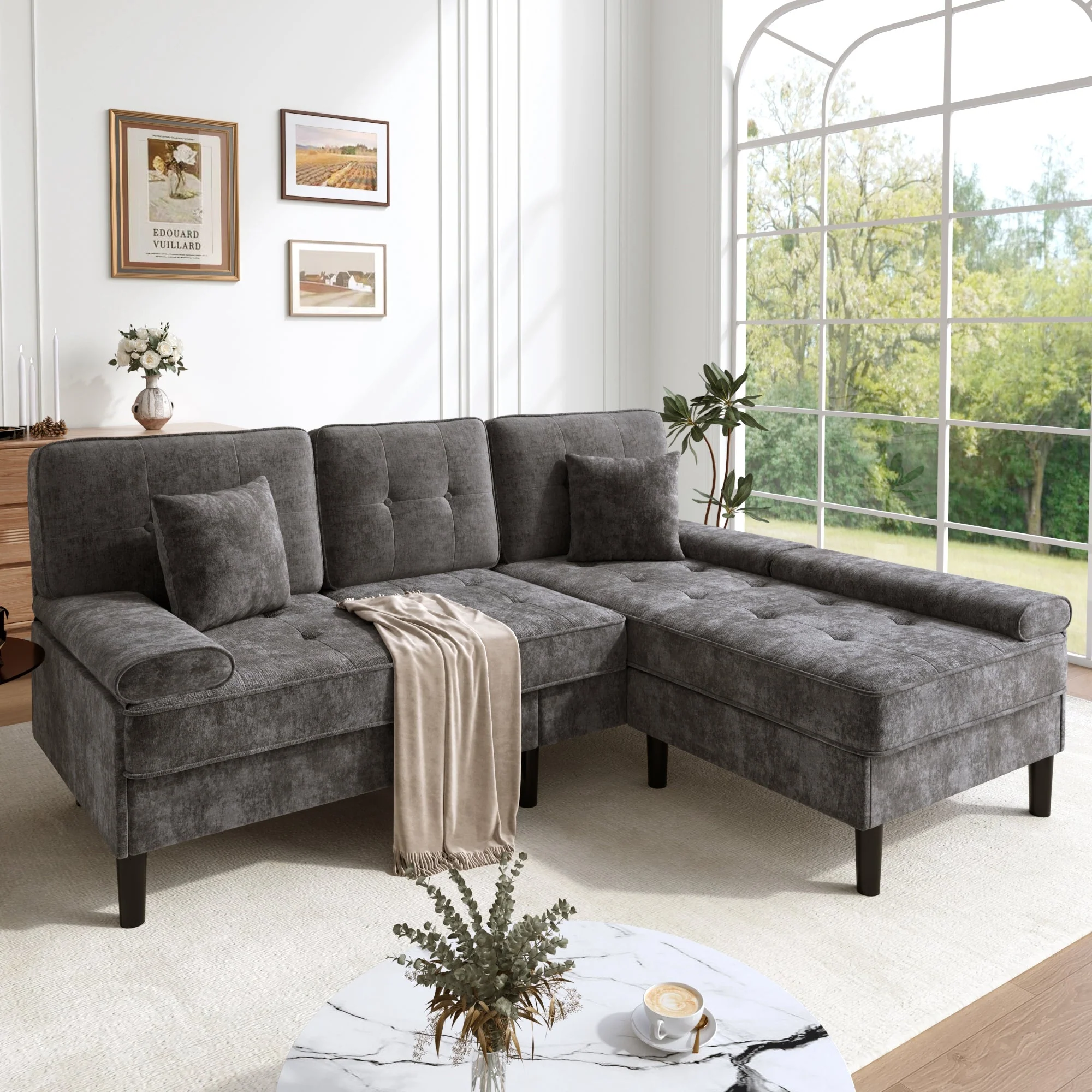 L-Shaped Corner Sofa with Sleeping Function and Movable Footrest, Chenille - Image 10