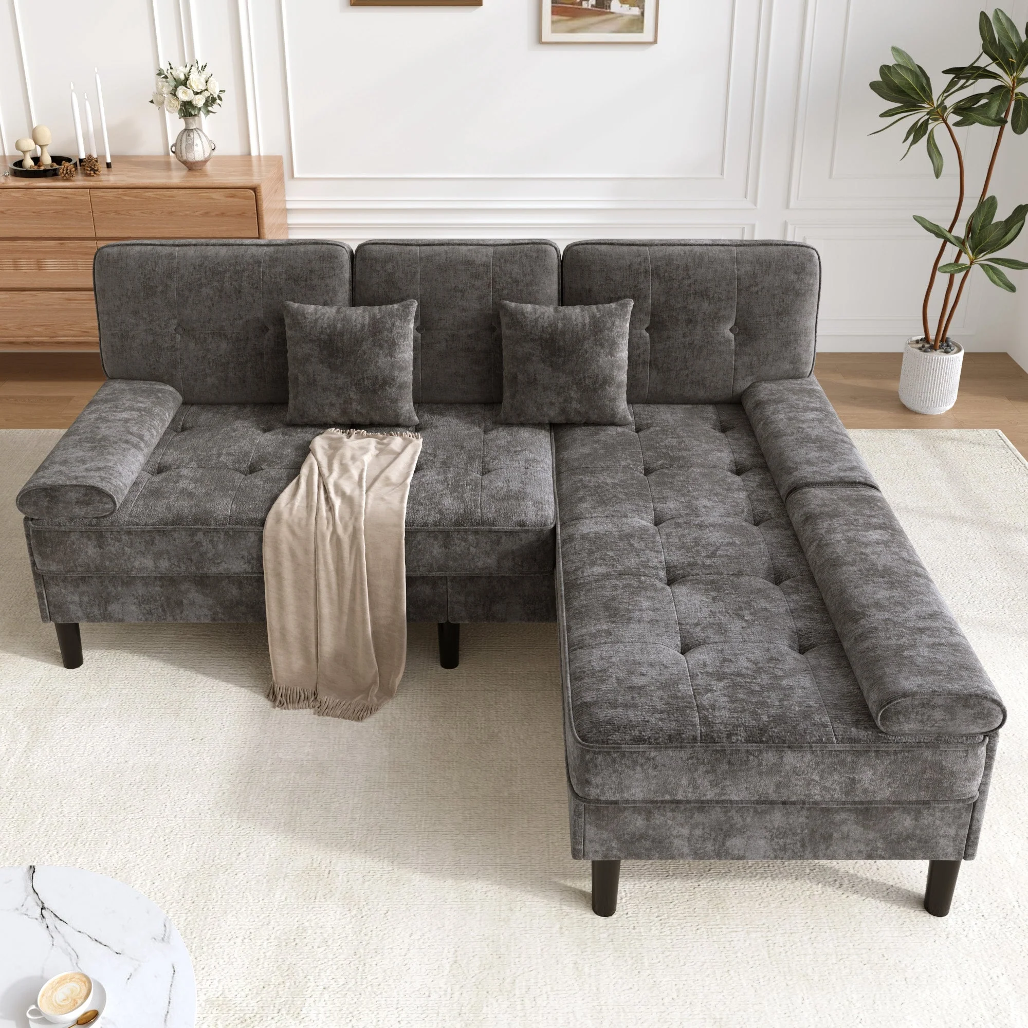 L-Shaped Corner Sofa with Sleeping Function and Movable Footrest, Chenille - Image 2