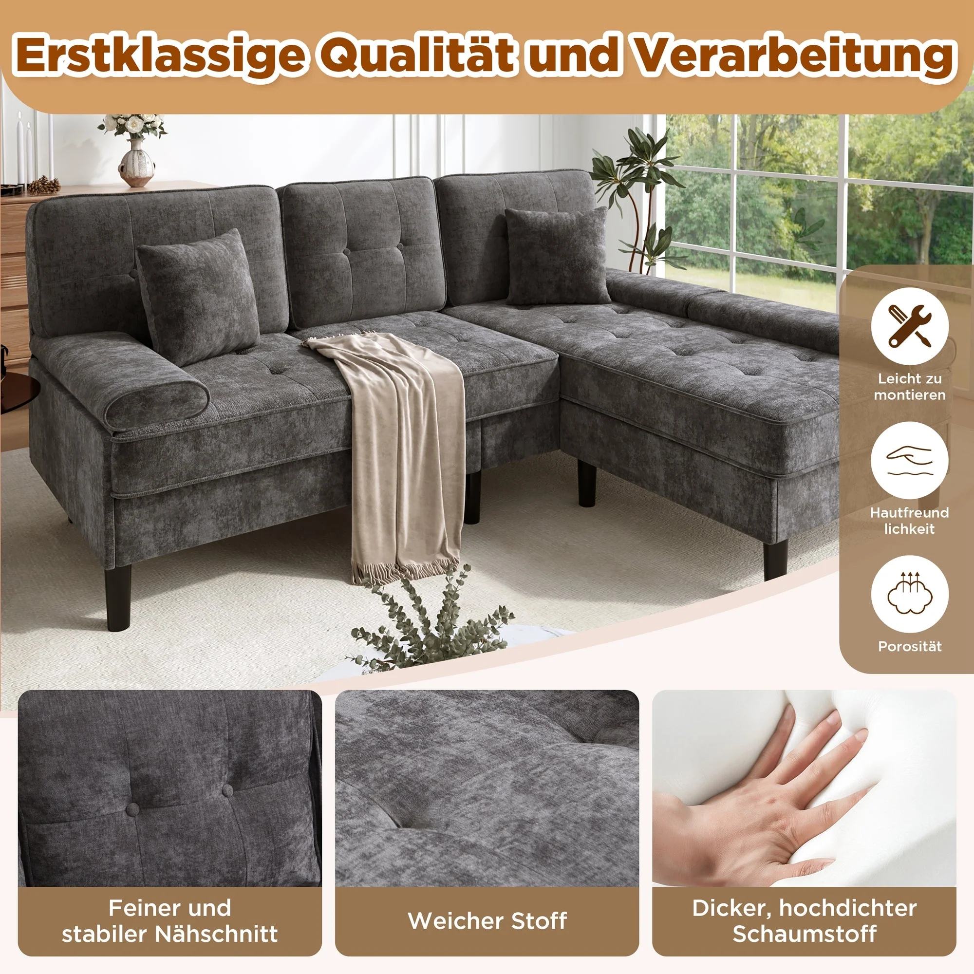 L-Shaped Corner Sofa with Sleeping Function and Movable Footrest, Chenille - Image 7