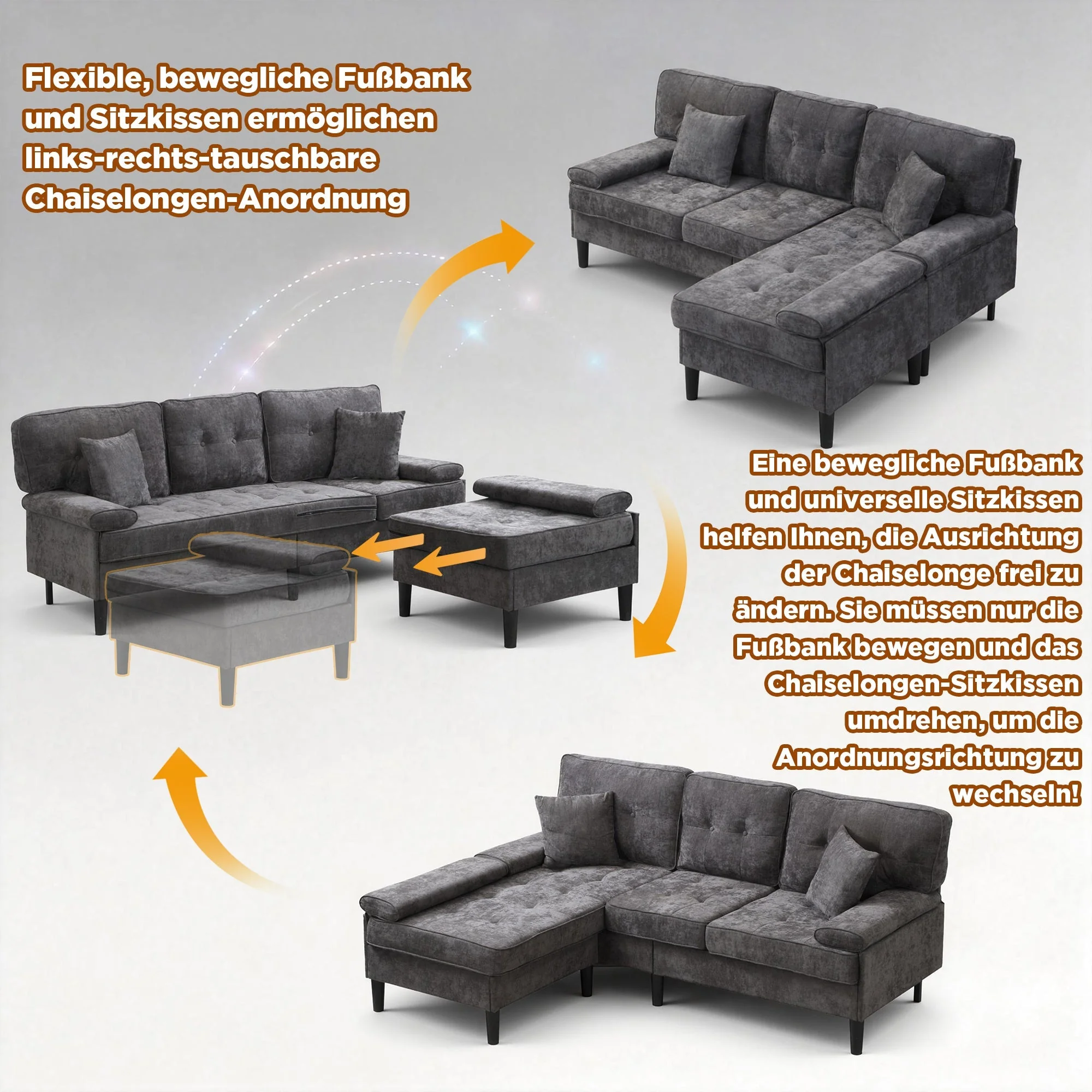 L-Shaped Corner Sofa with Sleeping Function and Movable Footrest, Chenille - Image 8