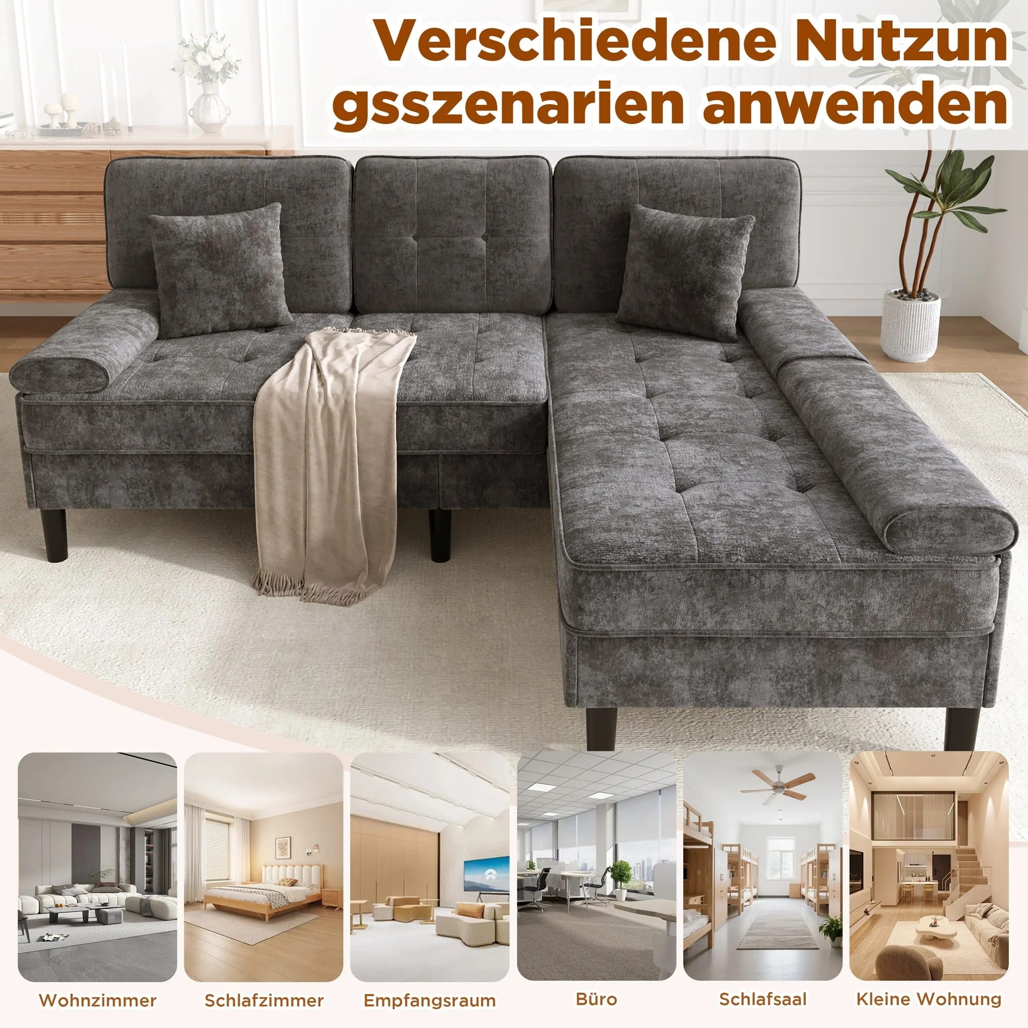 L-Shaped Corner Sofa with Sleeping Function and Movable Footrest, Chenille - Image 9