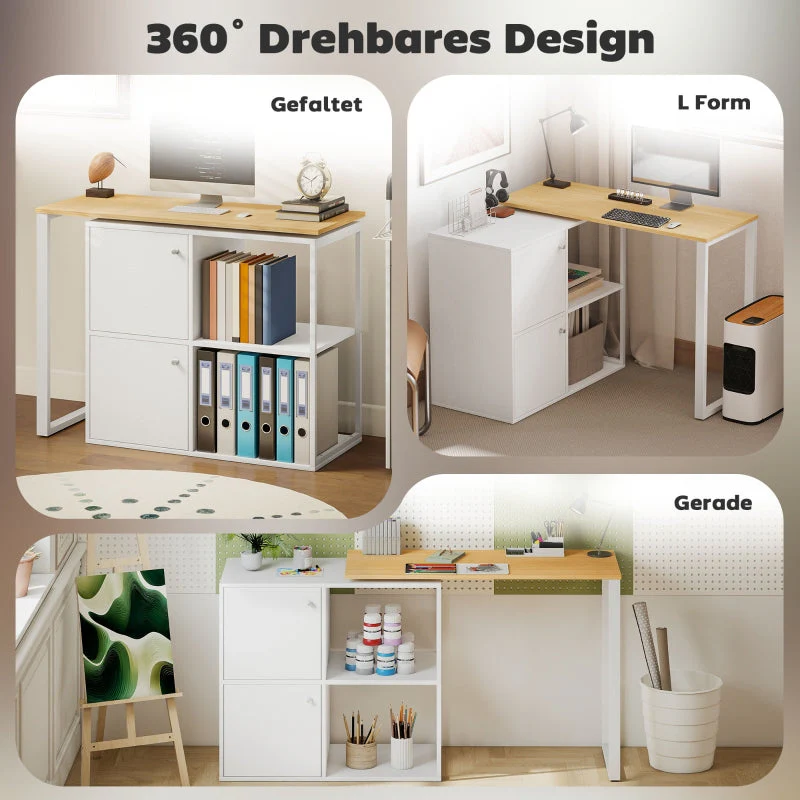 L-shaped Desk, 360° Rotating Corner with 2 Cabinets & 2 Shelves, White - Image 4