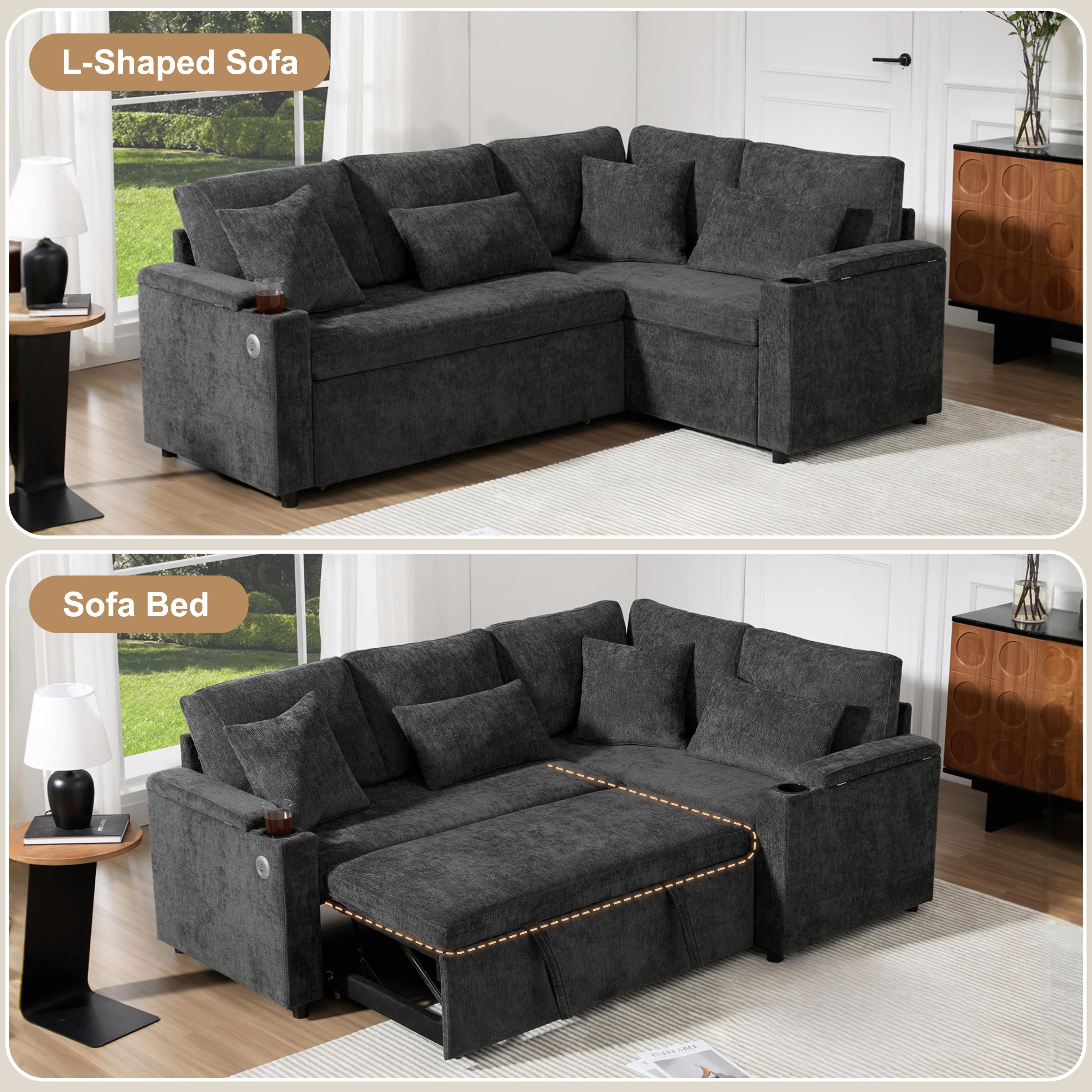 L-Shaped Extendable Sofa, Convertible Chaise Storage USB Cup Holders, Gray - Image 6