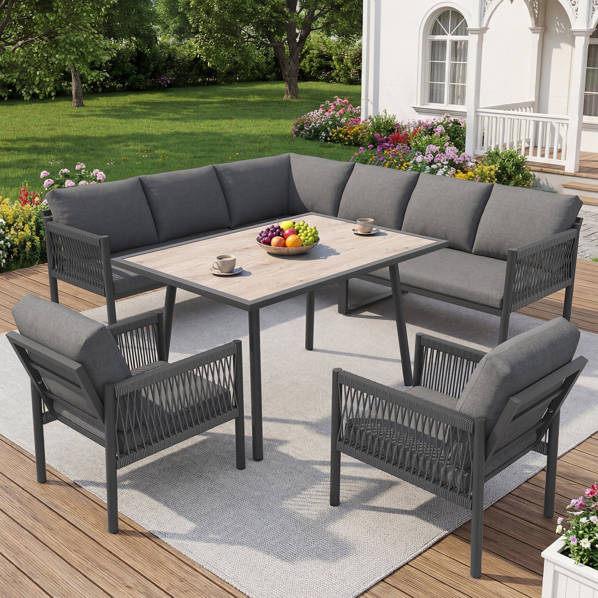 L-Shaped Garden Lounge Seating Group with Table and 2 Armchairs, Seats 7-8, Grey - Image 3