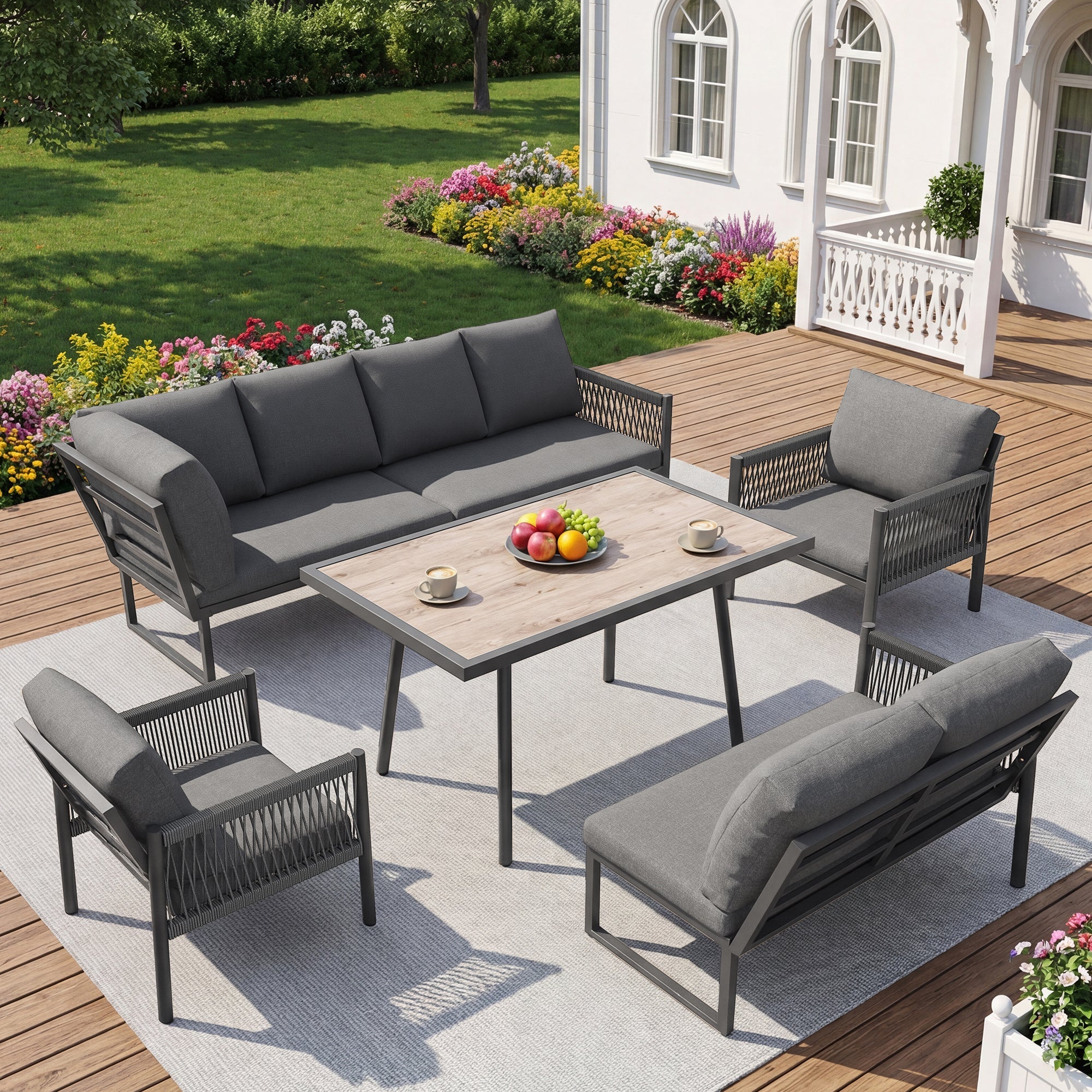 L-Shaped Garden Lounge Seating Group with Table and 2 Armchairs, Seats 7-8, Grey - Image 4