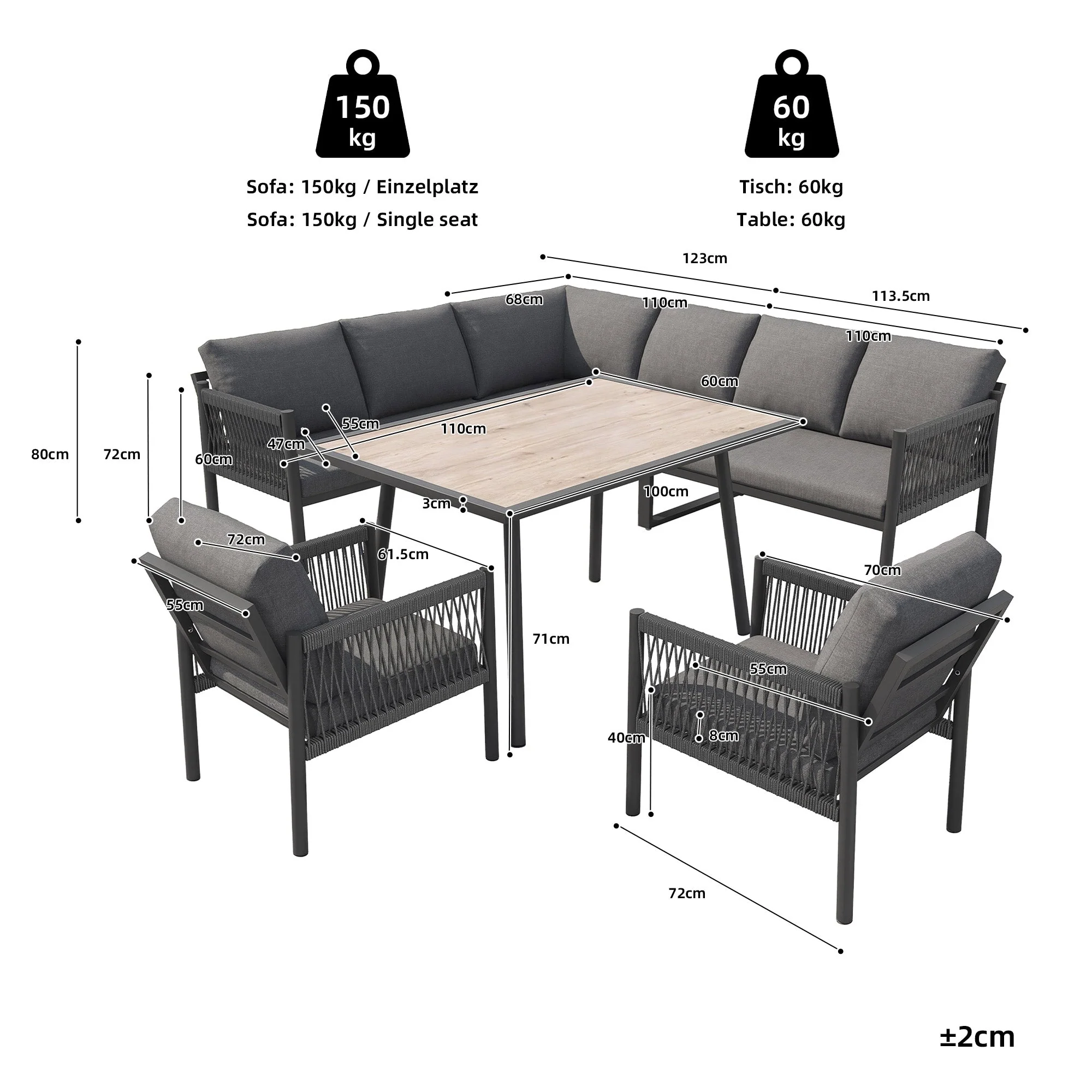 L-Shaped Garden Lounge Seating Group with Table and 2 Armchairs, Seats 7-8, Grey - Image 5