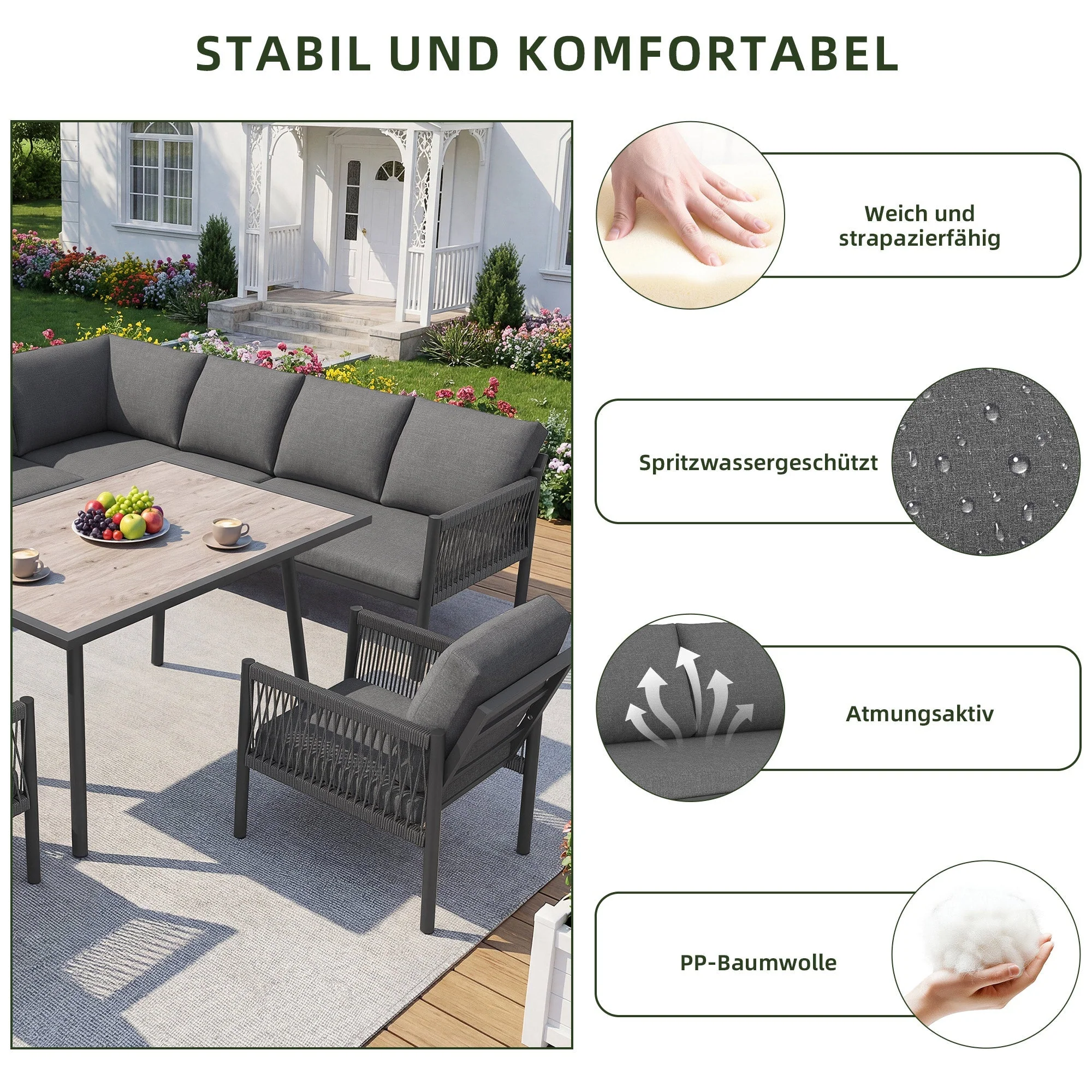 L-Shaped Garden Lounge Seating Group with Table and 2 Armchairs, Seats 7-8, Grey - Image 7