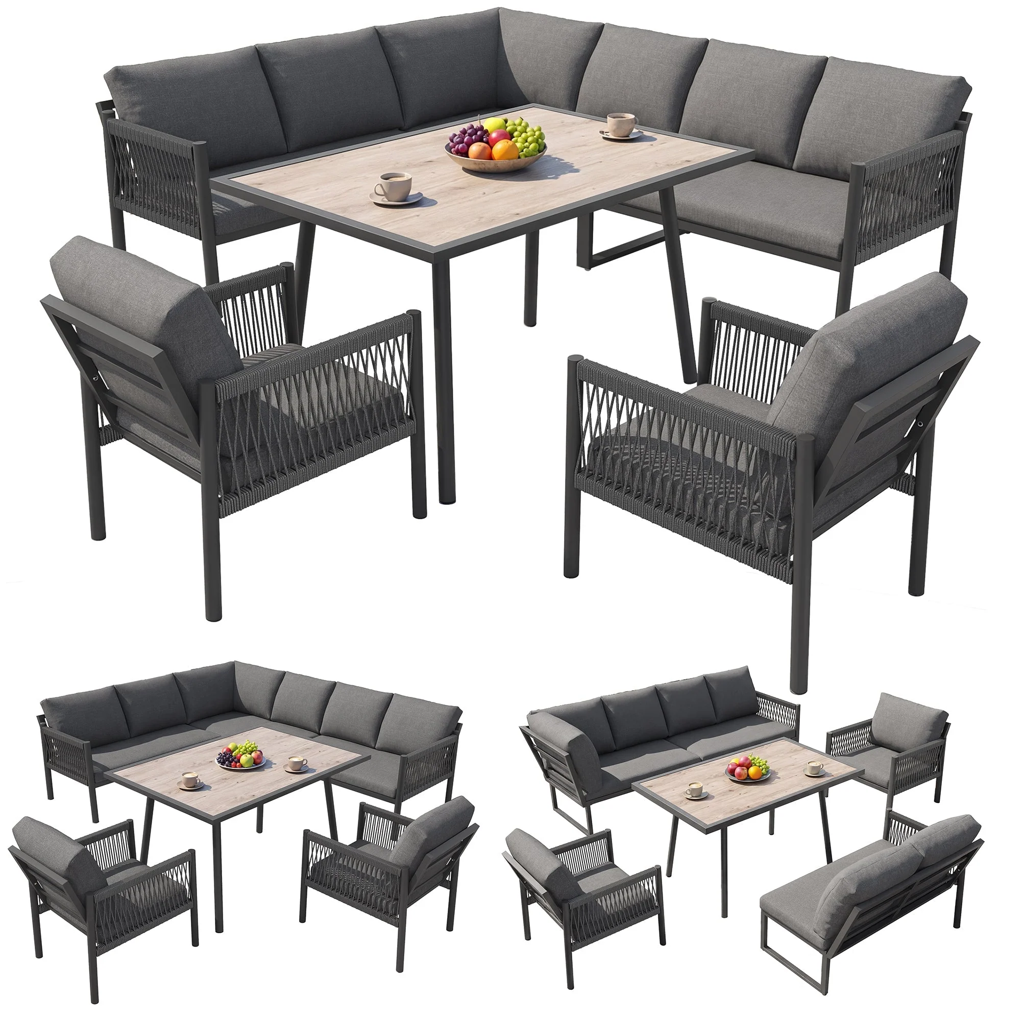 L-Shaped Garden Lounge Seating Group with Table and 2 Armchairs, Seats 7-8, Grey - Image 9