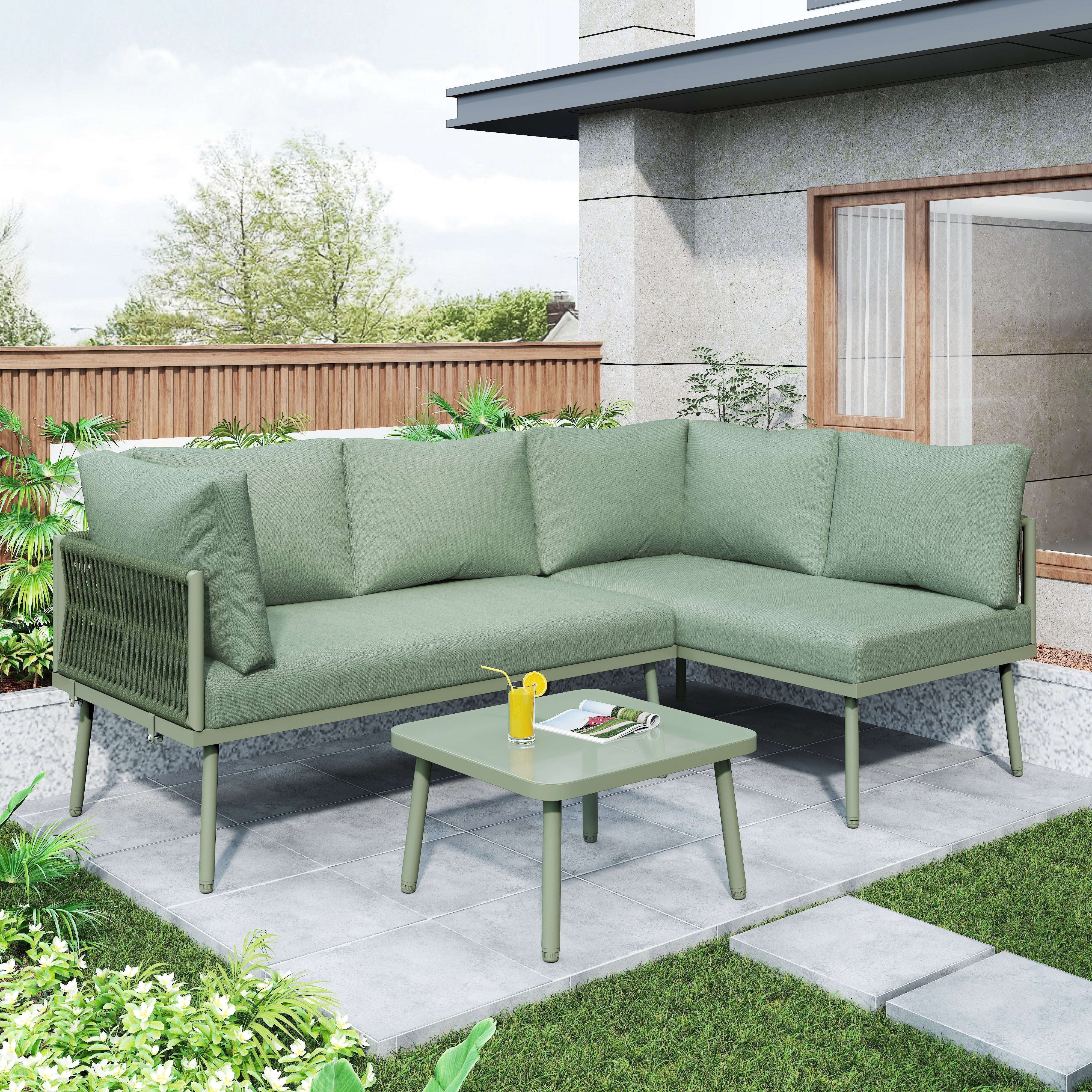 L-shaped Garden Lounge Set 3-Piece Iron Frame with Seat Cushions Green Rope - Image 4