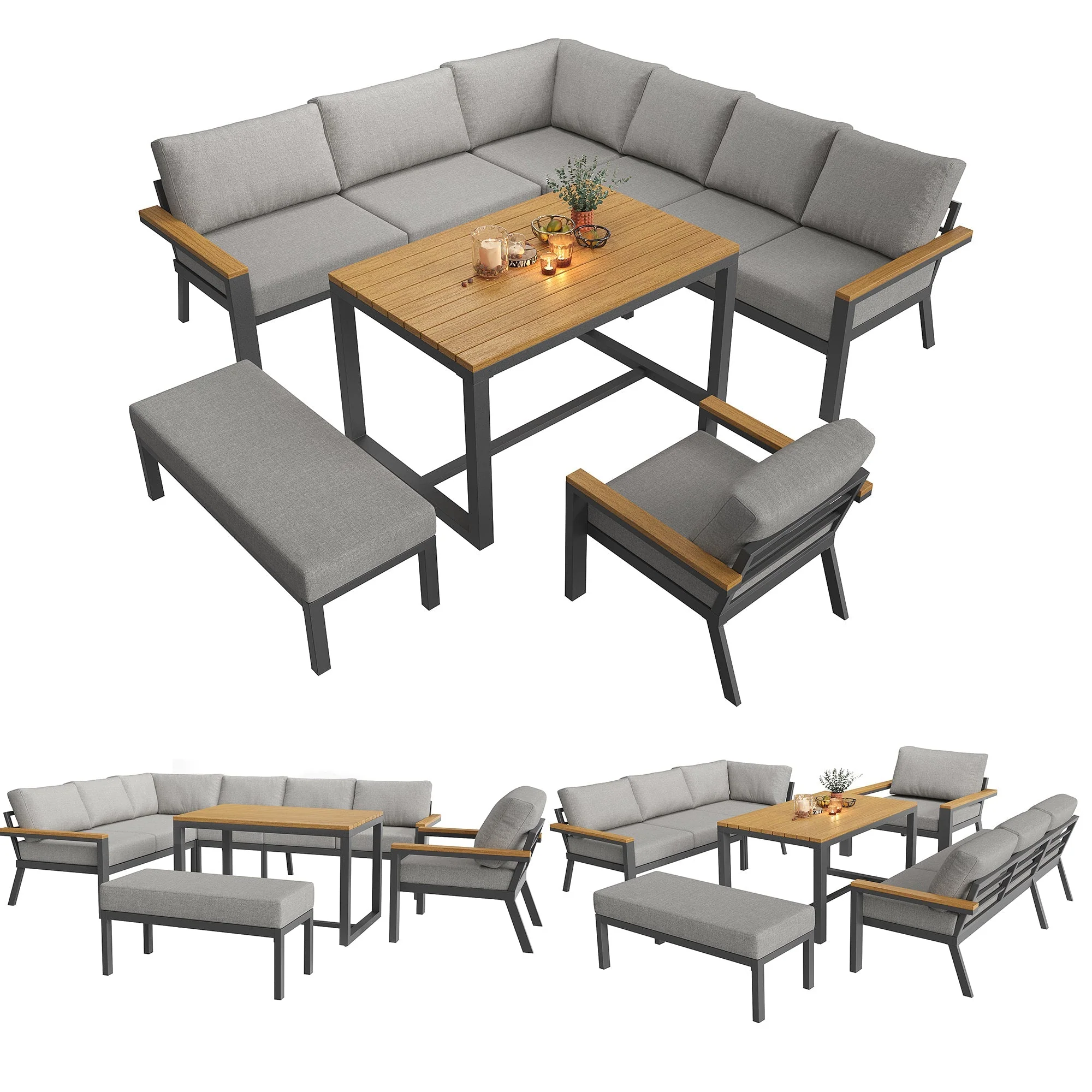 L-Shaped Garden Sofa Set 8-Person Iron Frame Wood Table - Grey Cushions - Image 6