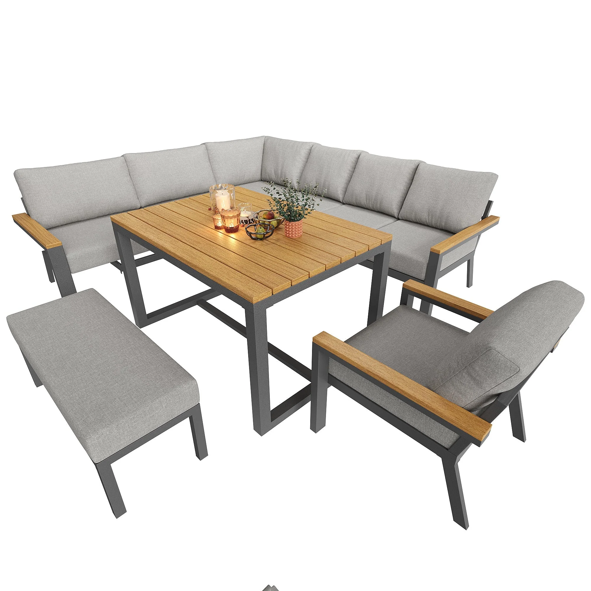 L-Shaped Garden Sofa Set 8-Person Iron Frame Wood Table - Grey Cushions - Image 8