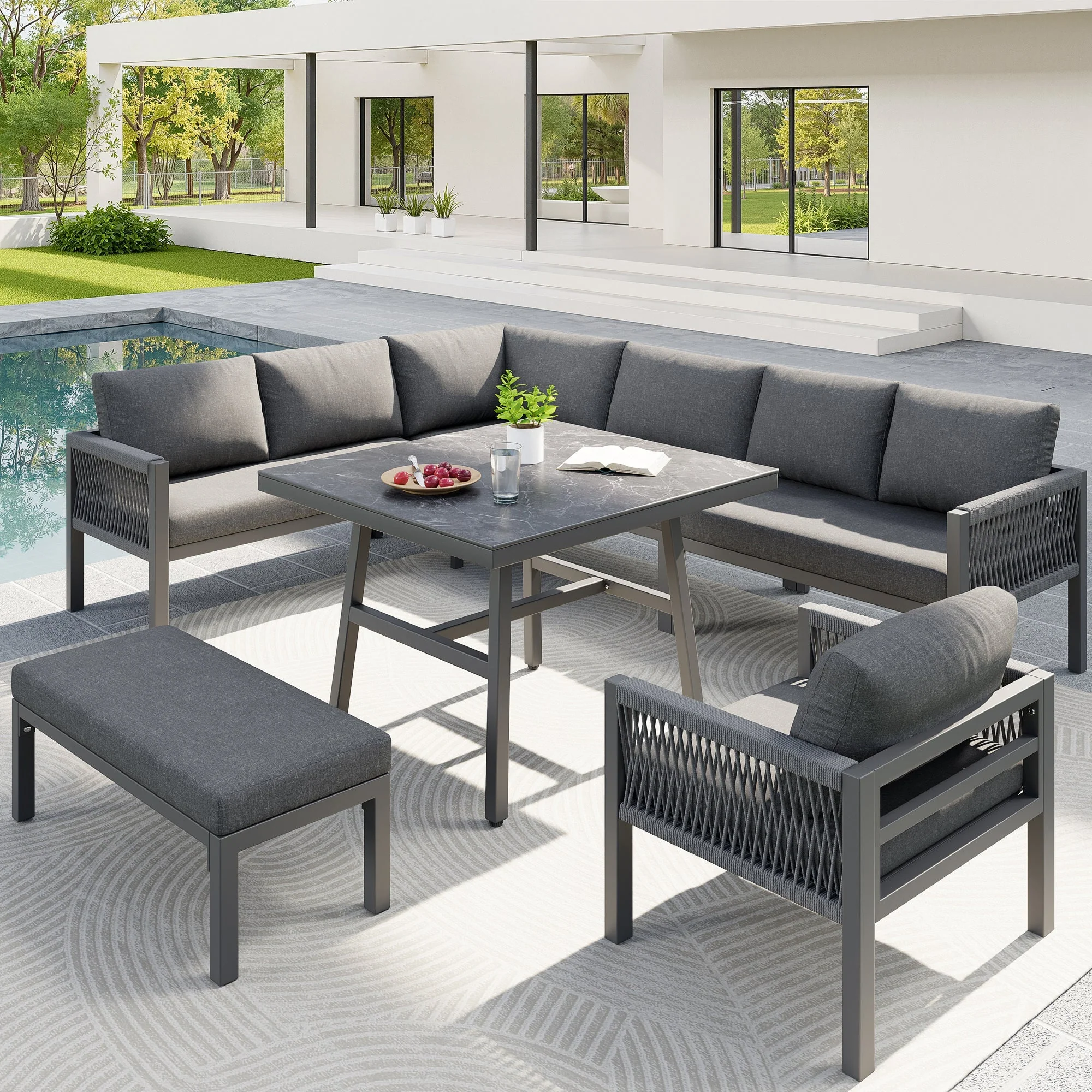 L-Shaped Garden Sofa Set Handwoven 8-Seater Iron Frame Table 2 Armchairs - Grey - Image 4