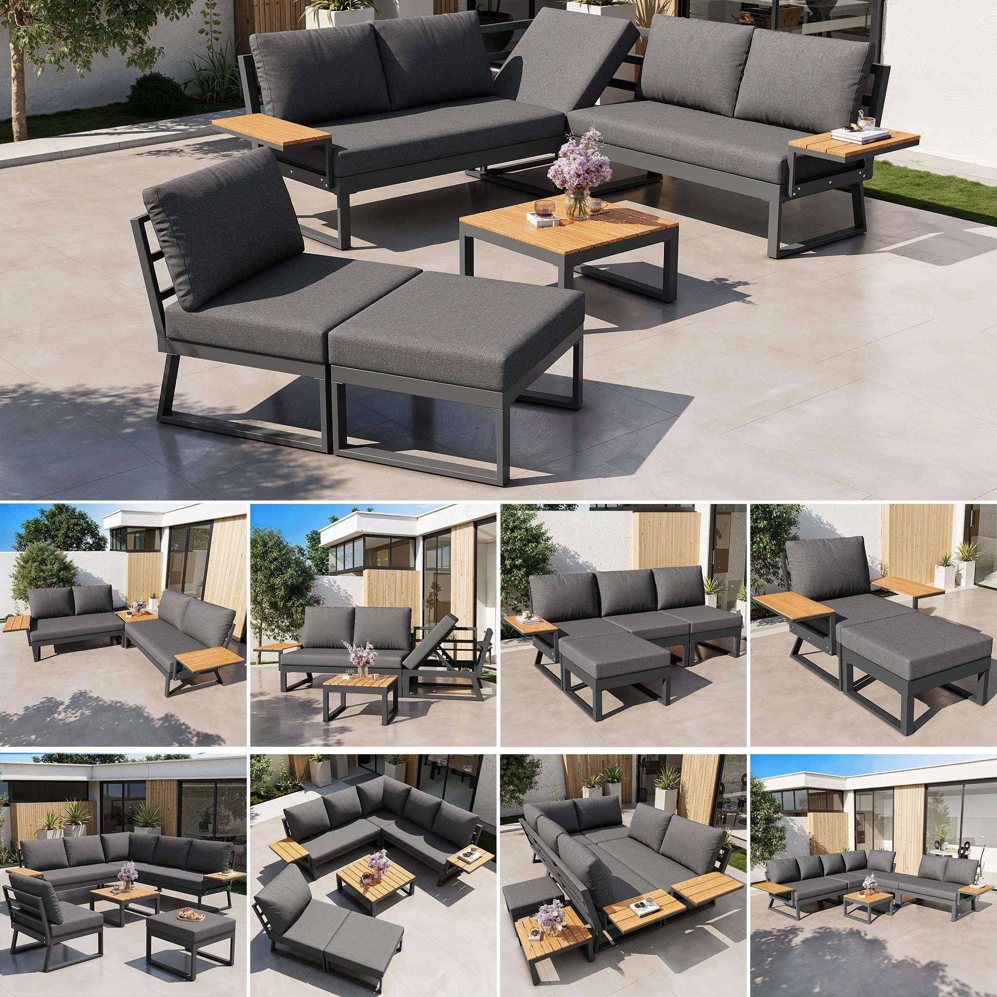 L-shaped Garden Sofa Set Weatherproof 7-Seater Corner Lounger Wooden Armrests Iron Grey/Beige - Image 2