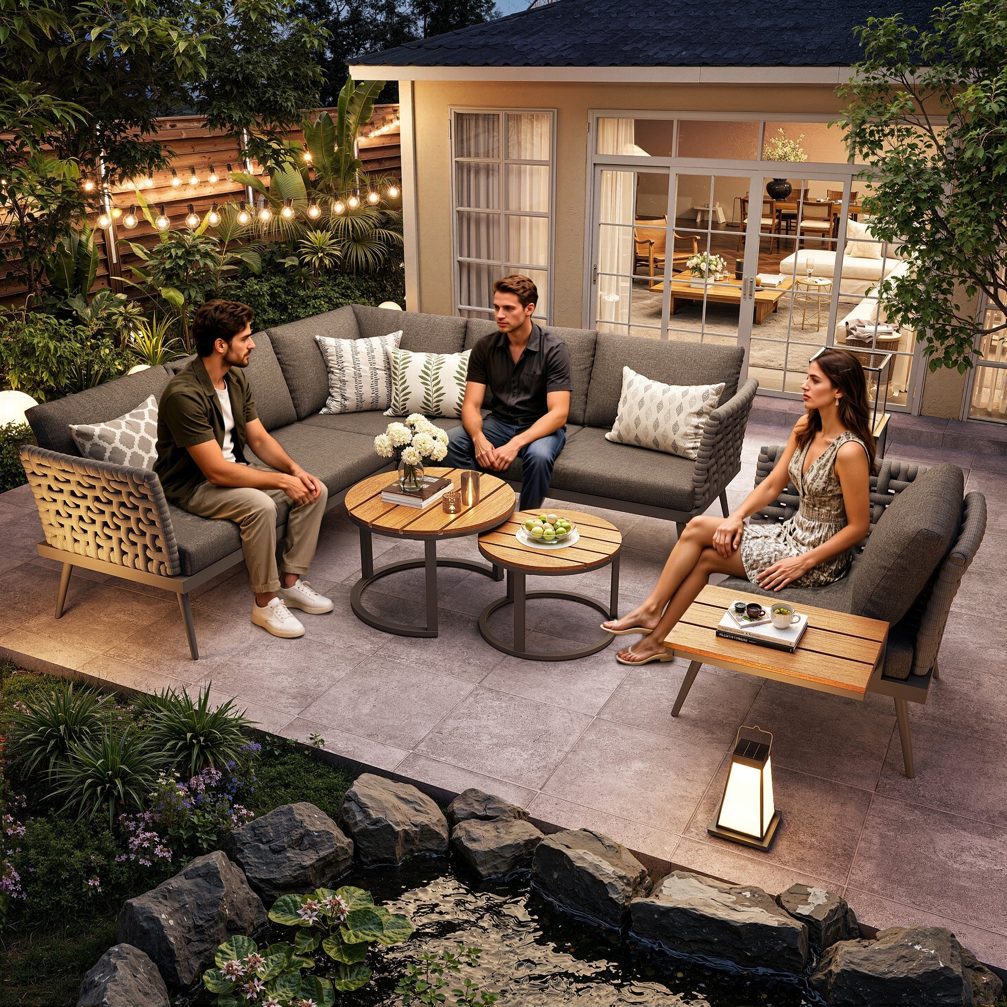 L-Shaped Garden Sofa Set with Coffee Tables and Armchairs, Grey and Beige - Image 5