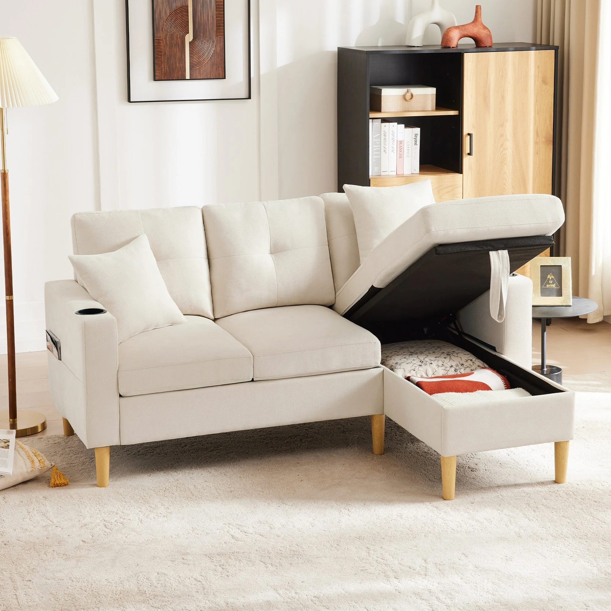 L-shaped modern sofa, 3-seater with chaise longue, storage, cup holder, 2 pillows