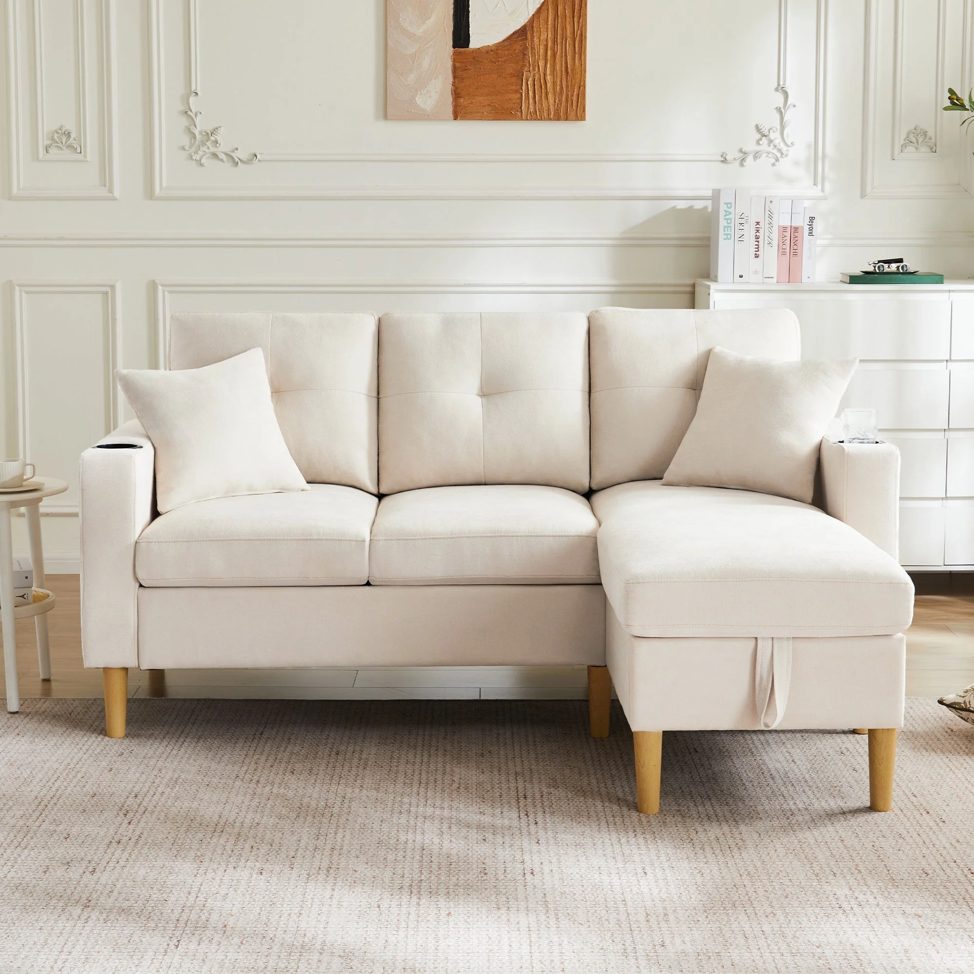 L-shaped modern sofa, 3-seater with chaise longue, storage, cup holder, 2 pillows - Image 3