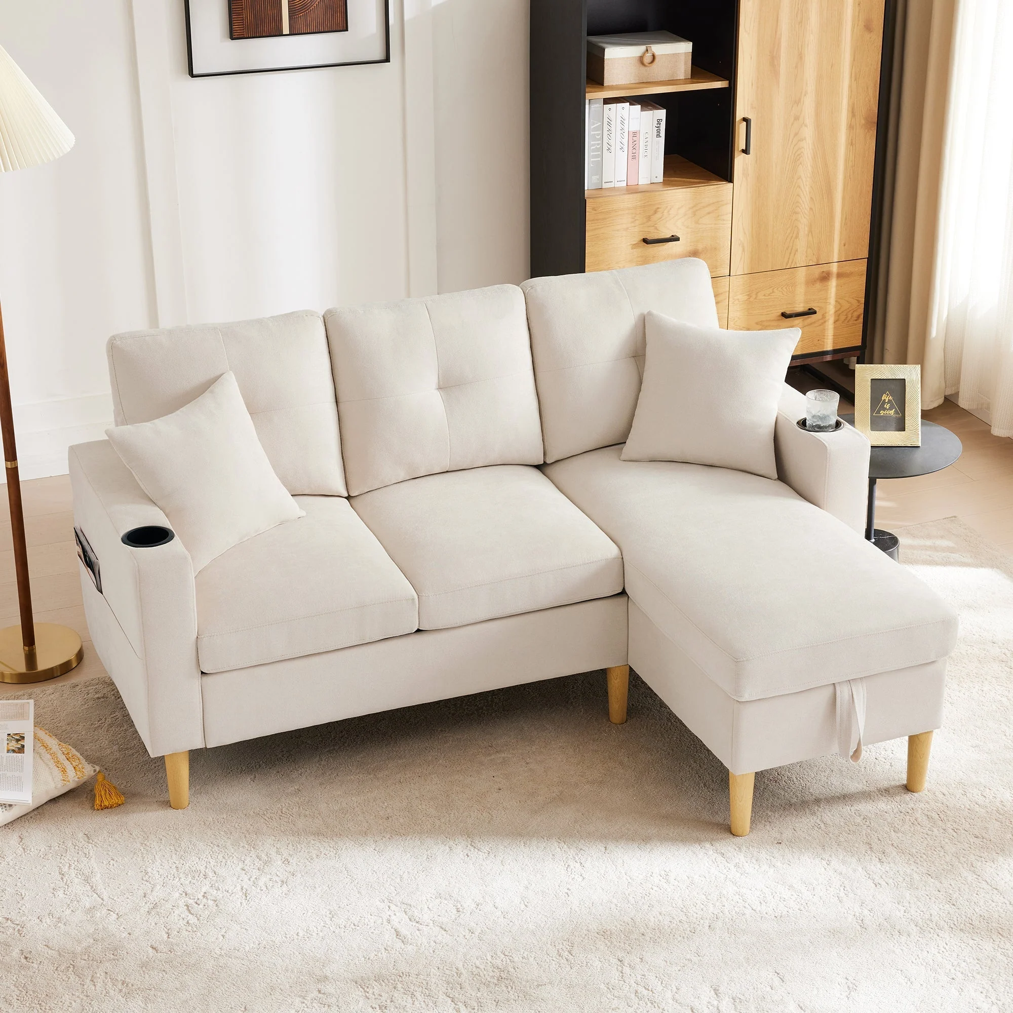 L-shaped modern sofa, 3-seater with chaise longue, storage, cup holder, 2 pillows - Image 6