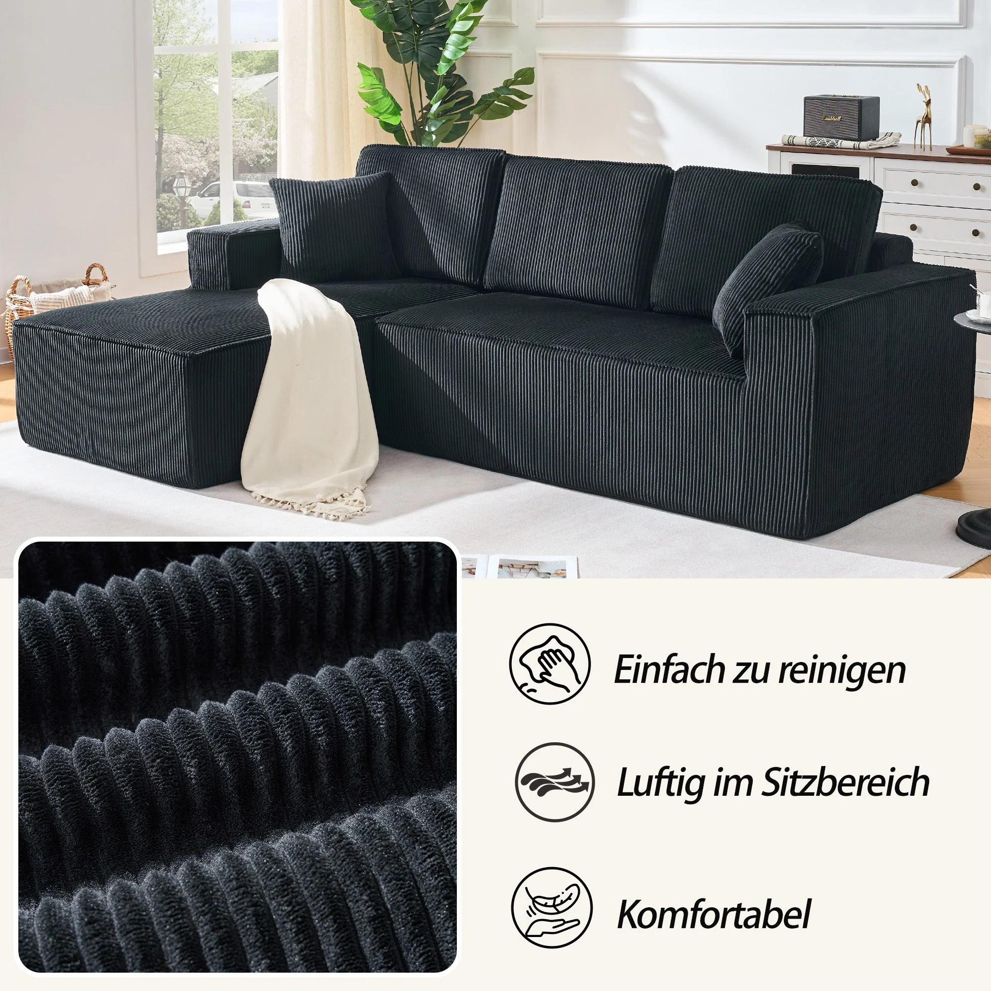 L-shaped Modular Corner Sofa 2-Seater Chaise Black Corduroy Fabric - Image 3