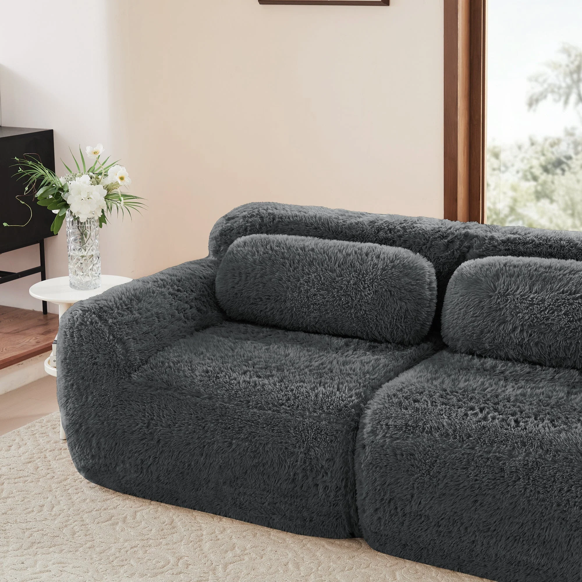 L-shaped Modular Sofa Frameless Deep No Assembly - Plush Fabric Grey - Image 10