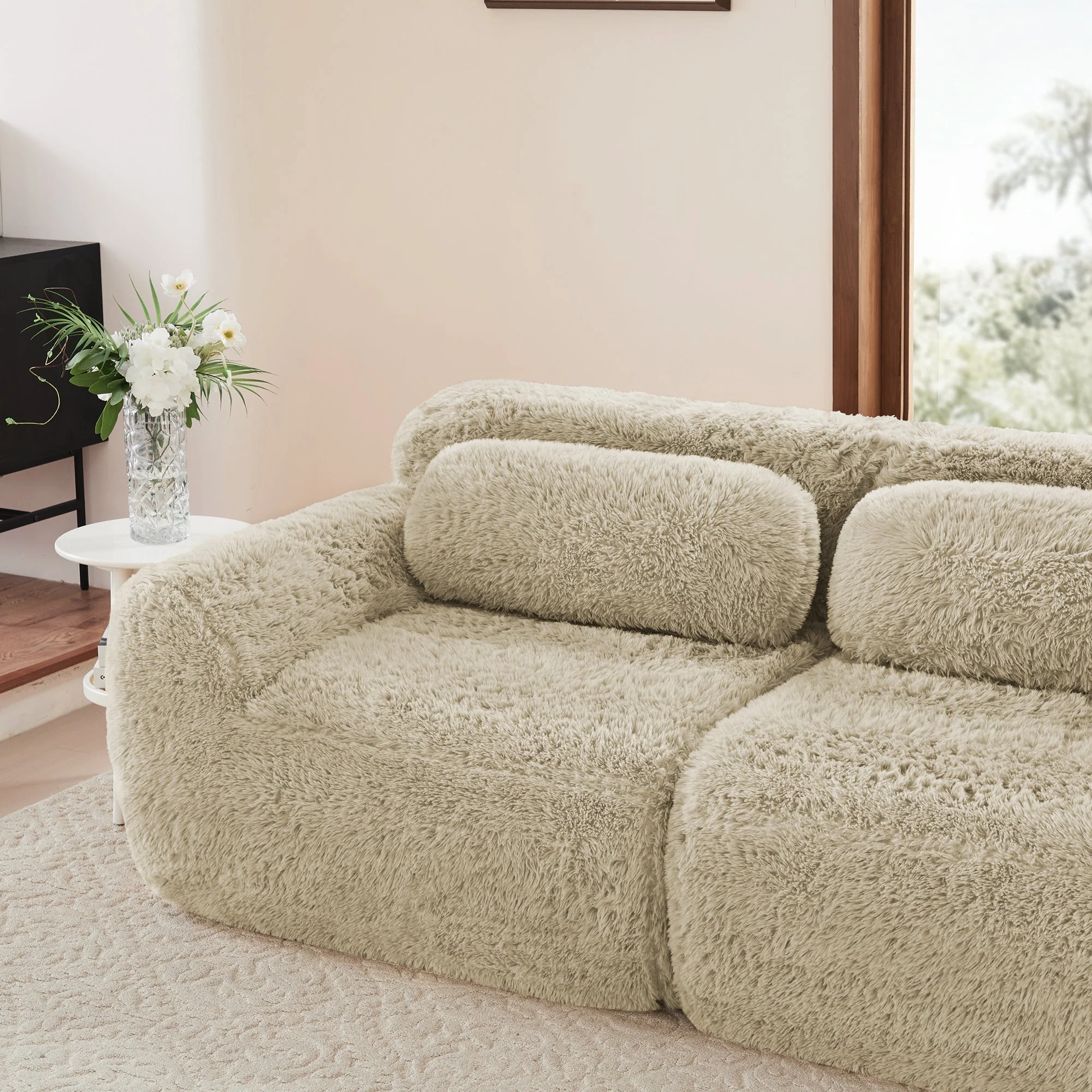 L-shaped Modular Sofa Plush Fabric Deep Frameless - Light Khaki - Image 10