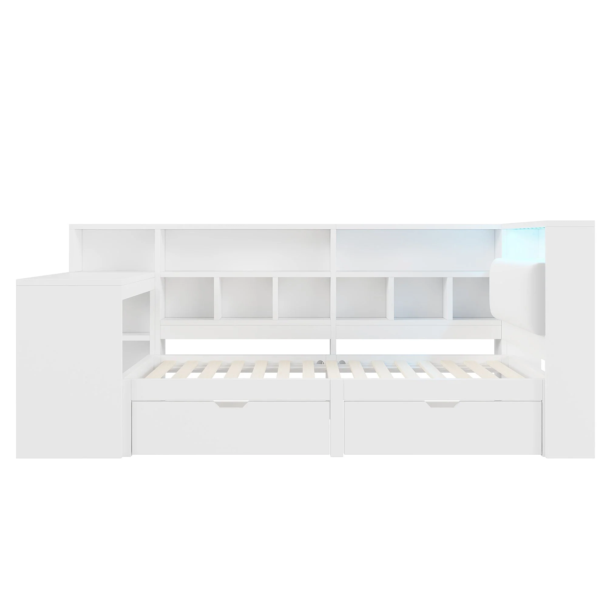 L-Shaped Platform Bed 90x200 Desk Bookshelf Drawers LED - White - Image 8