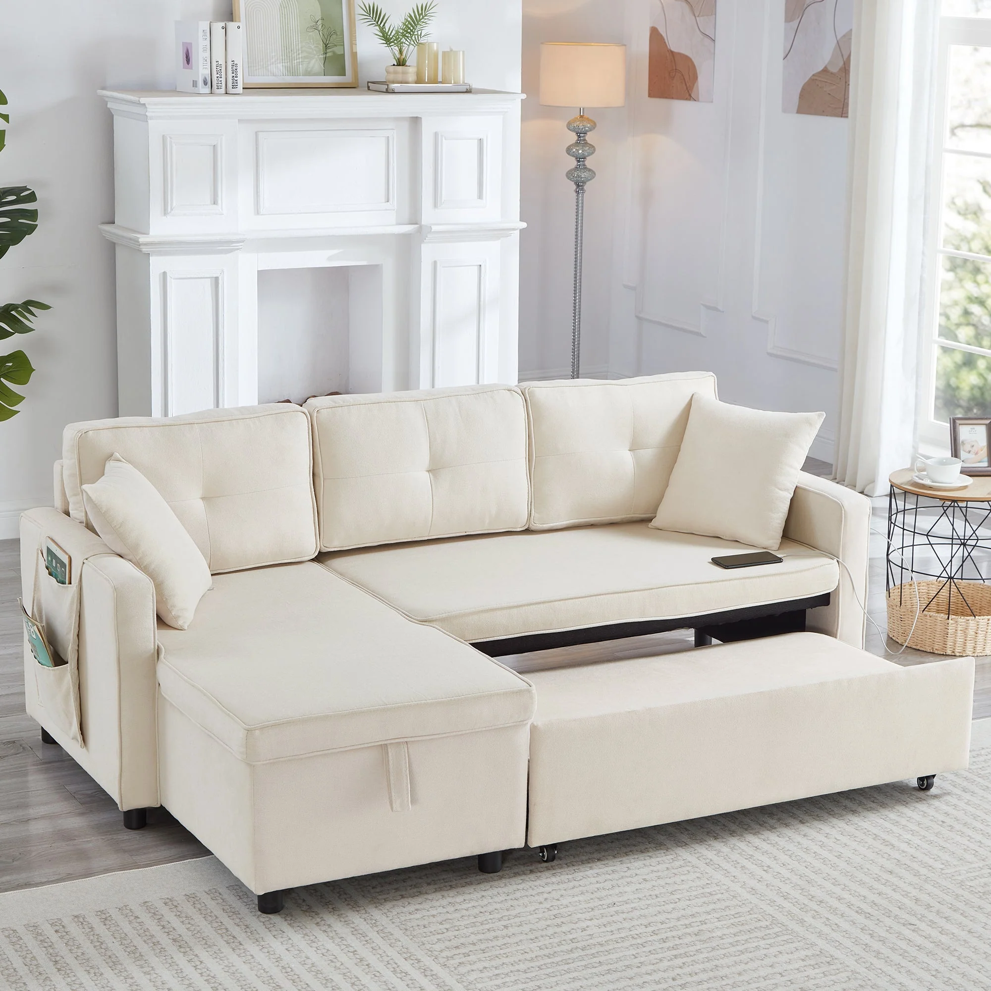 L-Shaped Pull Out Sleep Sofabed, Modern Reversible Sleeper Sectional Sofa with Storage Chaise, Drop-Down Table, Cup Holders and Charging Ports (USB & Type-C), Beige - Image 2
