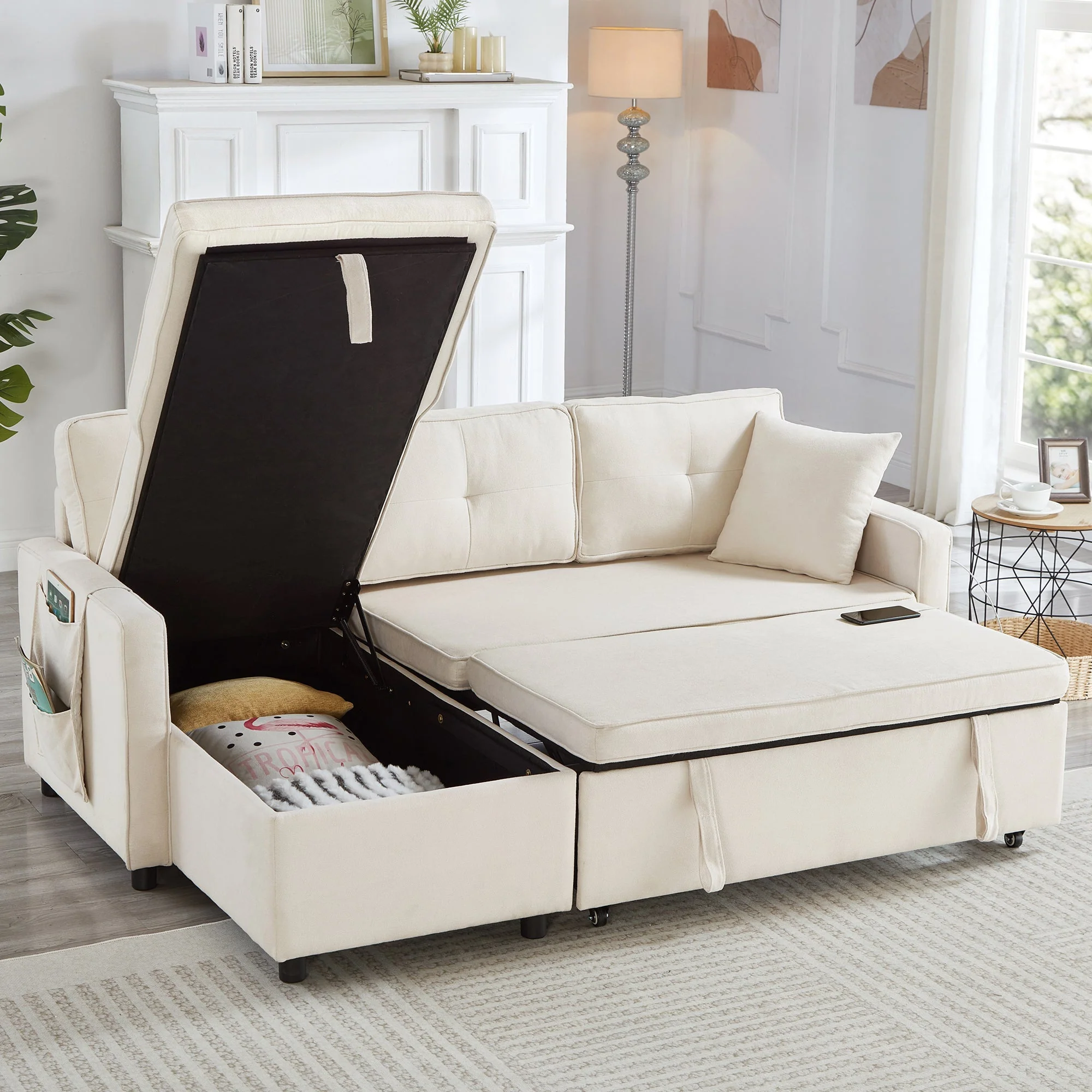 L-Shaped Pull Out Sleep Sofabed, Modern Reversible Sleeper Sectional Sofa with Storage Chaise, Drop-Down Table, Cup Holders and Charging Ports (USB & Type-C), Beige - Image 3
