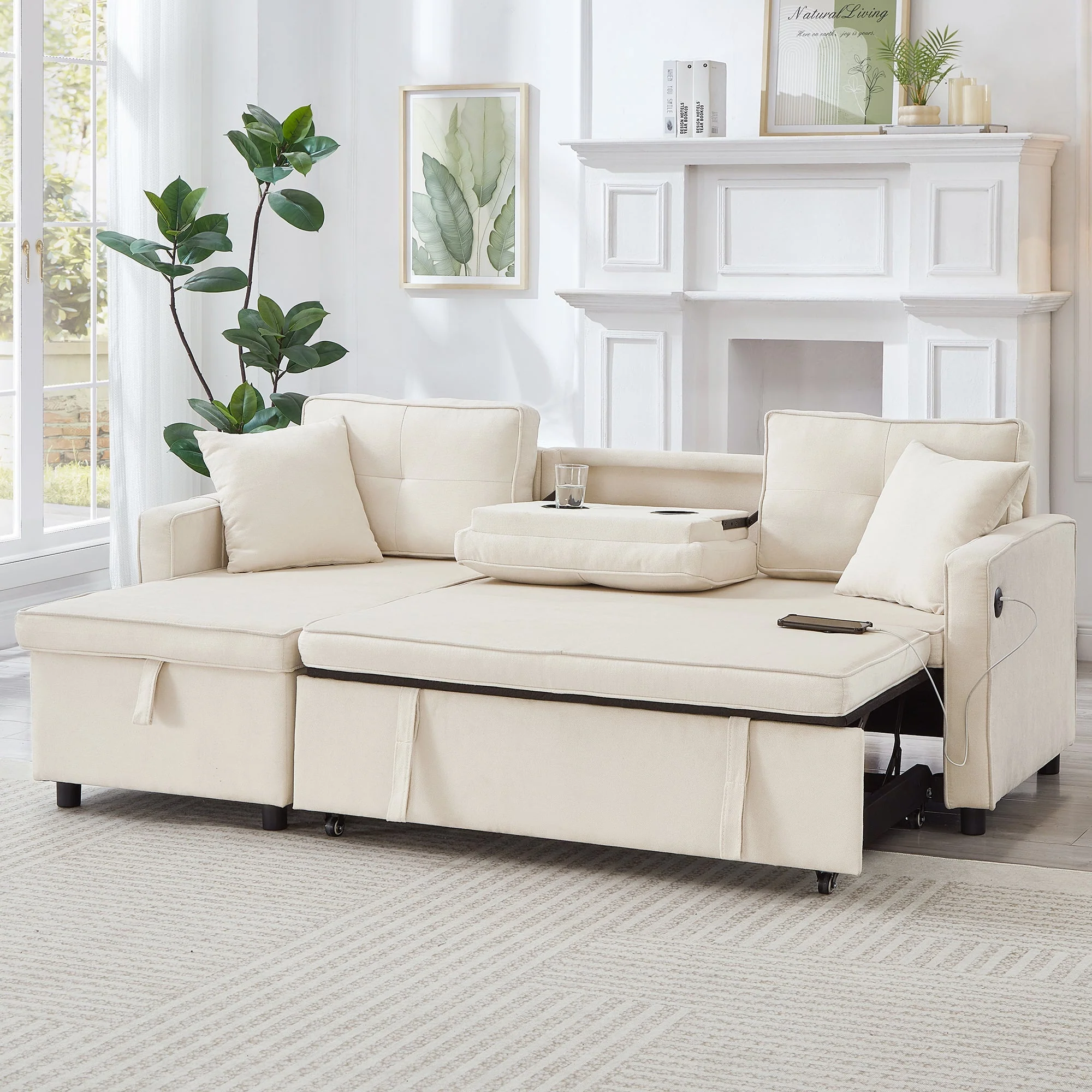 L-Shaped Pull Out Sleep Sofabed, Modern Reversible Sleeper Sectional Sofa with Storage Chaise, Drop-Down Table, Cup Holders and Charging Ports (USB & Type-C), Beige - Image 4