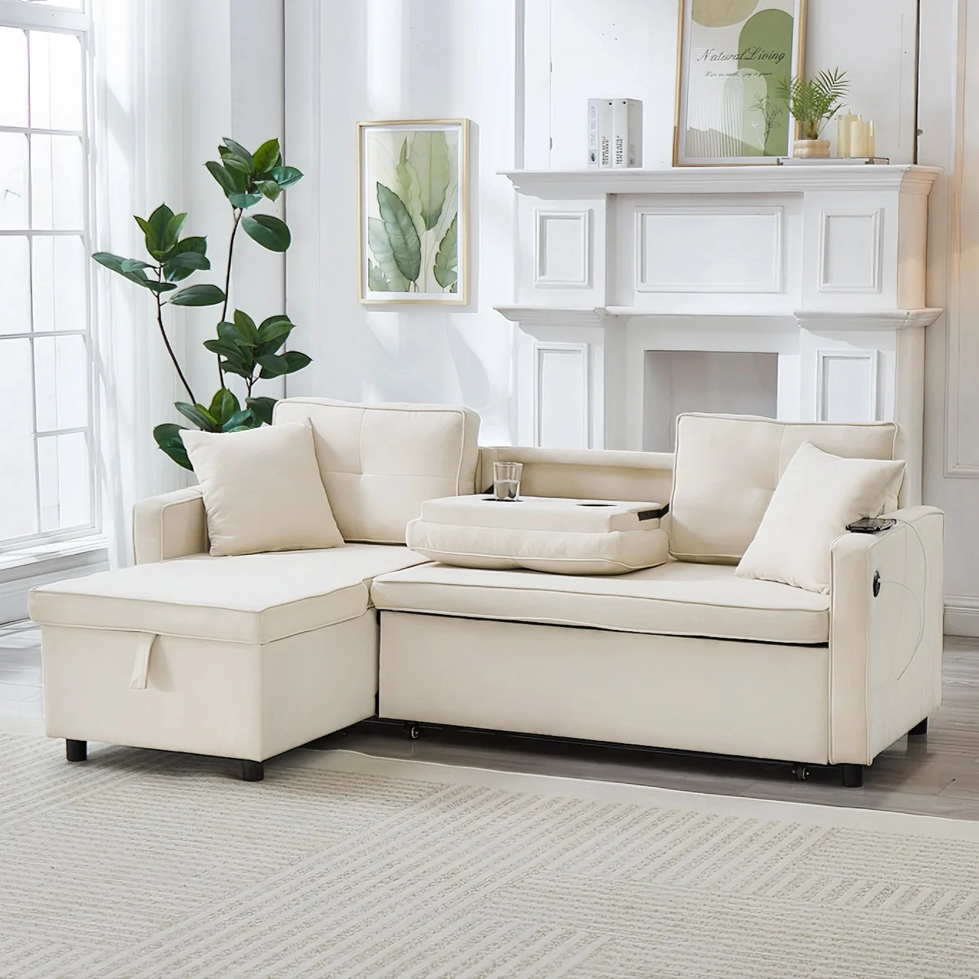 L-Shaped Pull Out Sleep Sofabed, Modern Reversible Sleeper Sectional Sofa with Storage Chaise, Drop-Down Table, Cup Holders and Charging Ports (USB & Type-C), Beige - Image 5