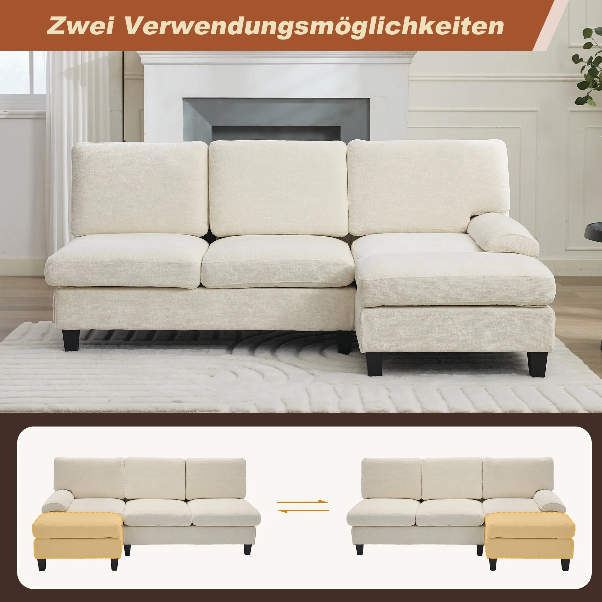 L-Shaped Sleeper Corner Sofa Upholstered 3-Seater Beige Linen - Image 10