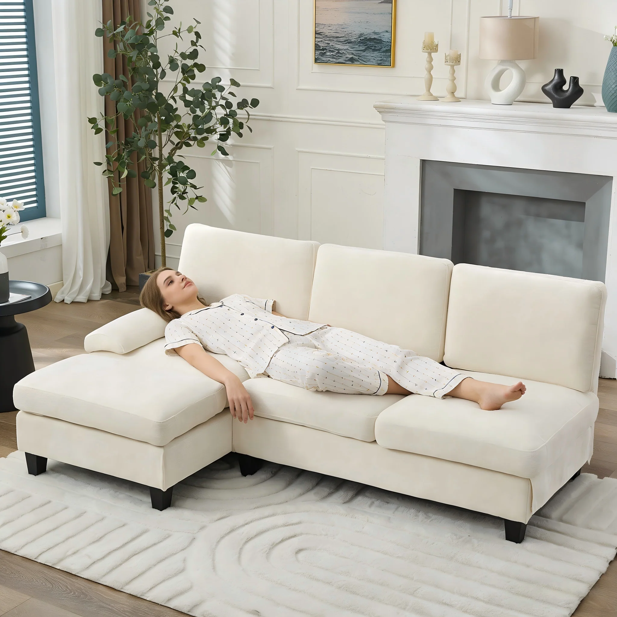 L-Shaped Sleeper Corner Sofa Upholstered 3-Seater Beige Linen - Image 4