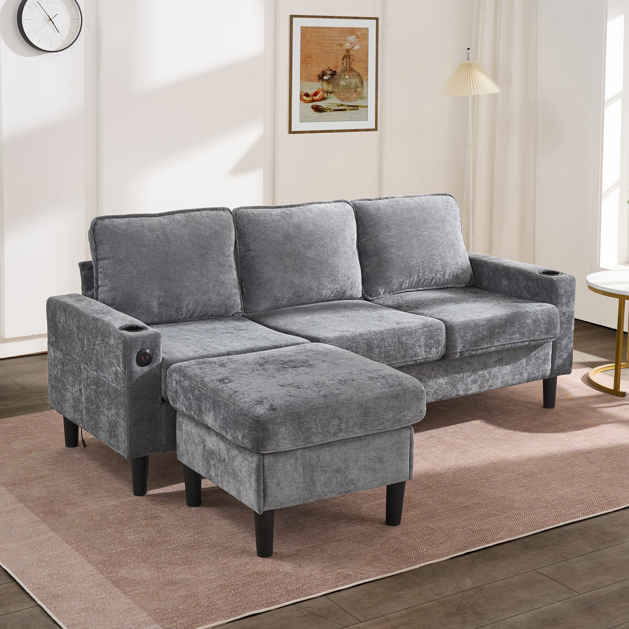 L-shaped Sleeper Sofa 3-Seater USB Type-C Cup Holders, Grey Linen - Image 2