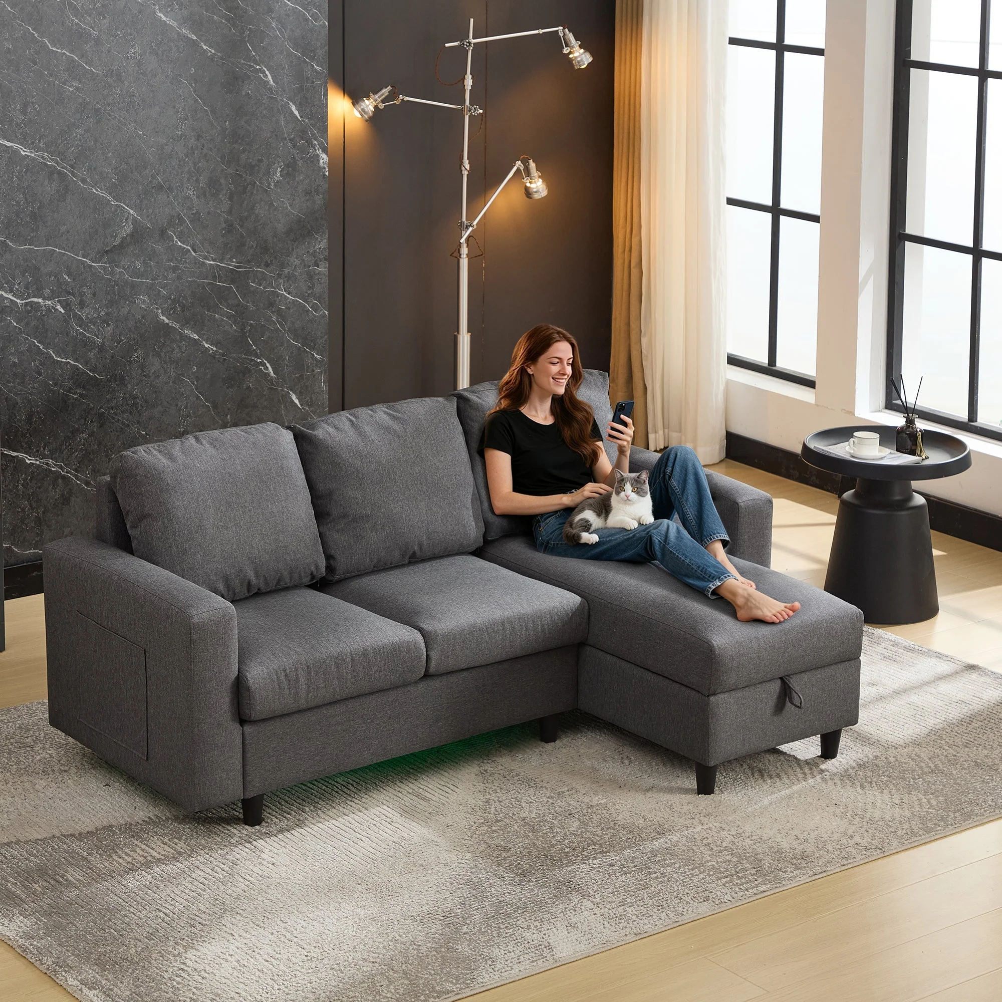 L-Shaped Sofa Bed, 3 Seater Convertible Sectional with Storage, USB & LED, Grey
