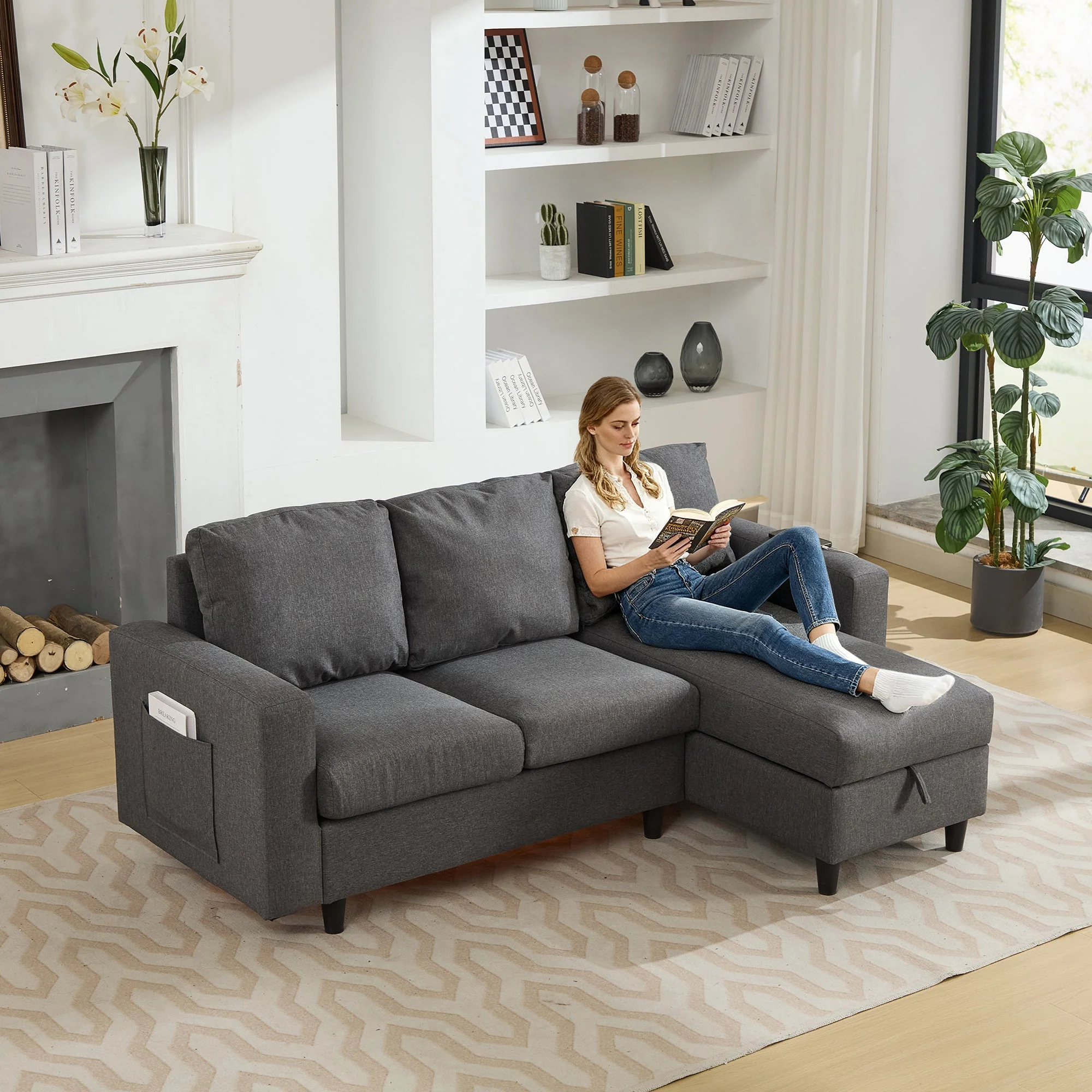 L-Shaped Sofa Bed, 3 Seater Convertible Sectional with Storage, USB & LED, Grey - Image 2