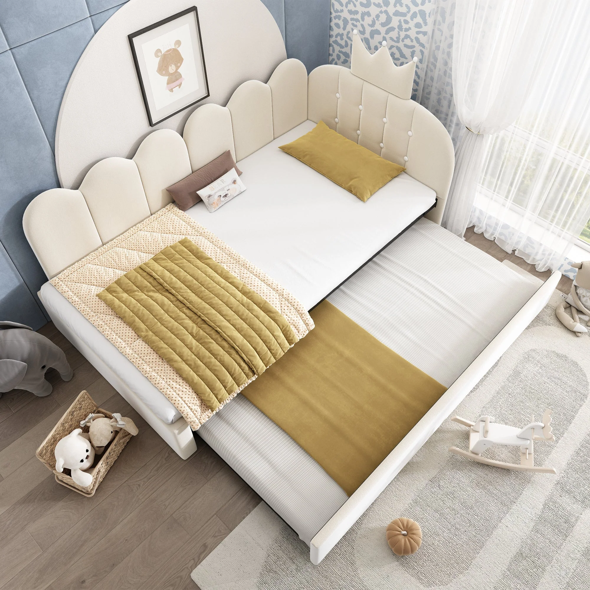 L-Shaped Sofa Bed with Pull-out Bed, Crown Lattice Design, 90x200cm, Beige Velvet