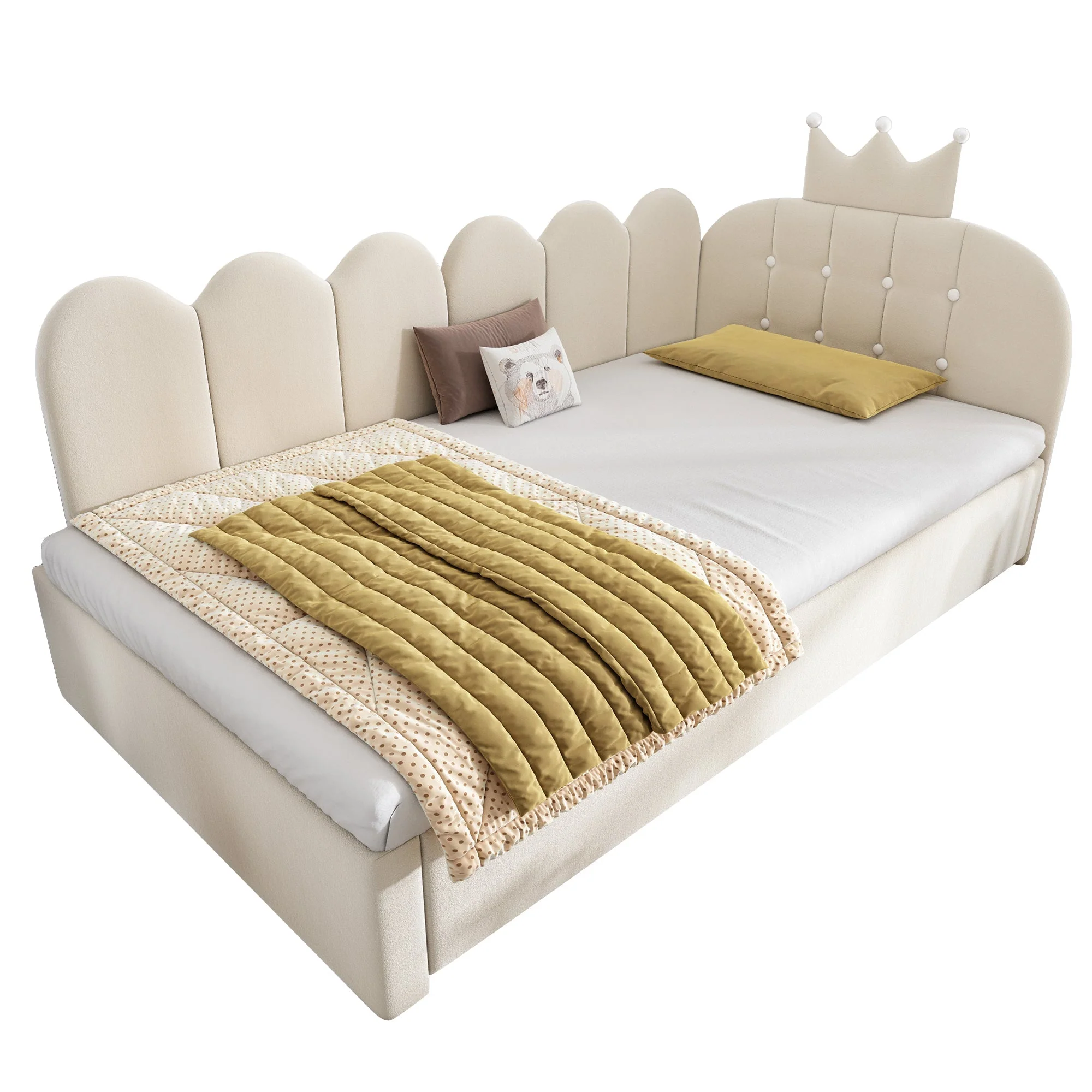 L-Shaped Sofa Bed with Pull-out Bed, Crown Lattice Design, 90x200cm, Beige Velvet - Image 4