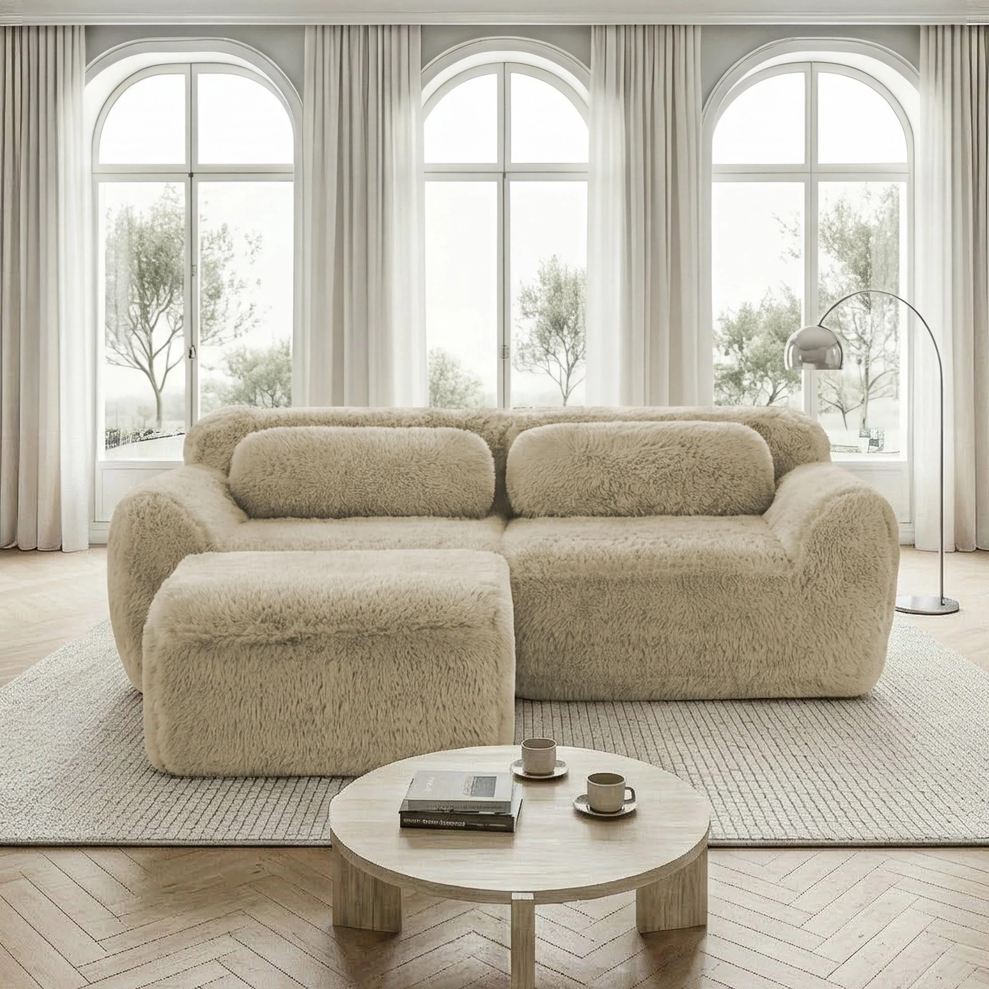 L-shaped Sofa Modular 2-Seater Plush Fabric No Assembly - Light Khaki - Image 2