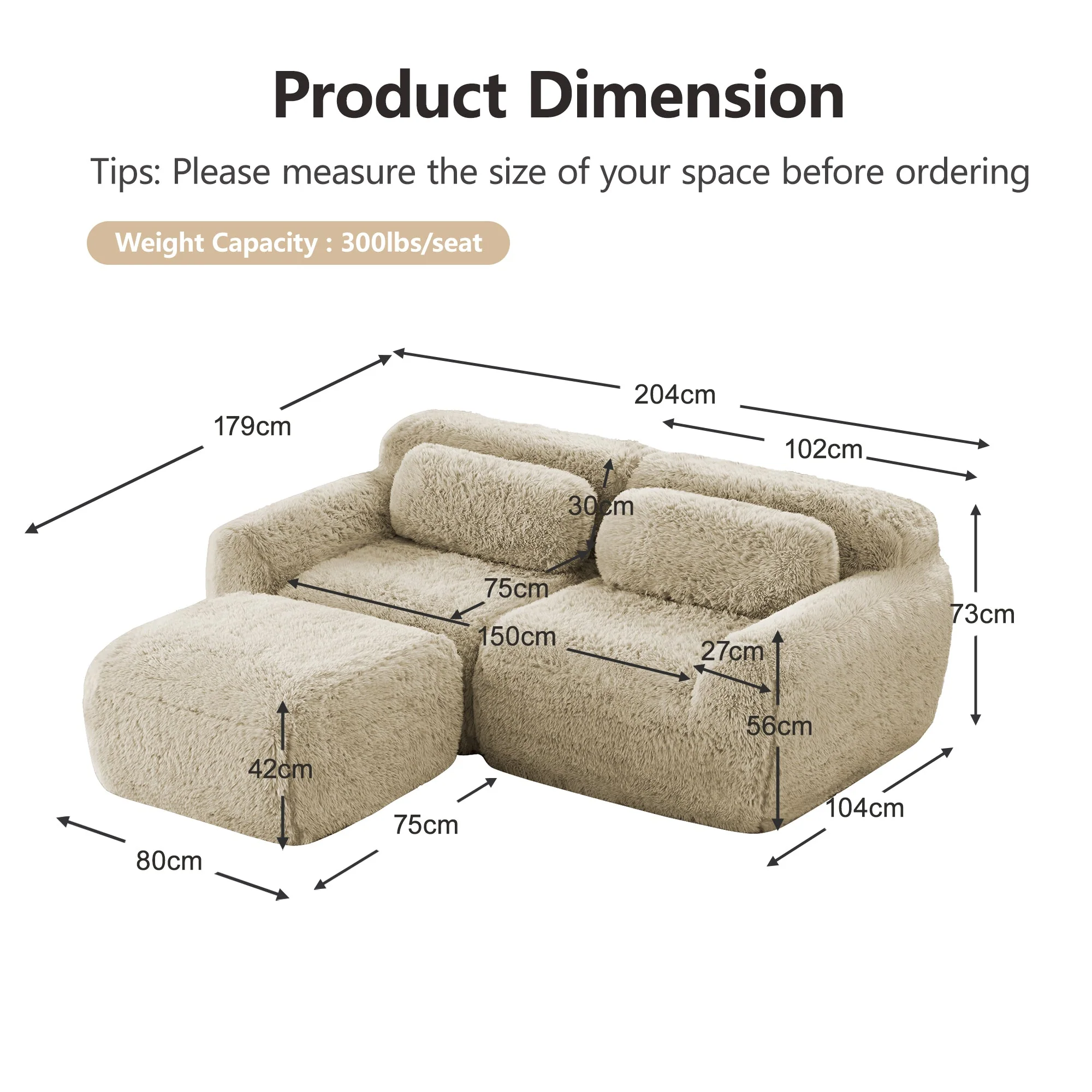 L-shaped Sofa Modular 2-Seater Plush Fabric No Assembly - Light Khaki - Image 7