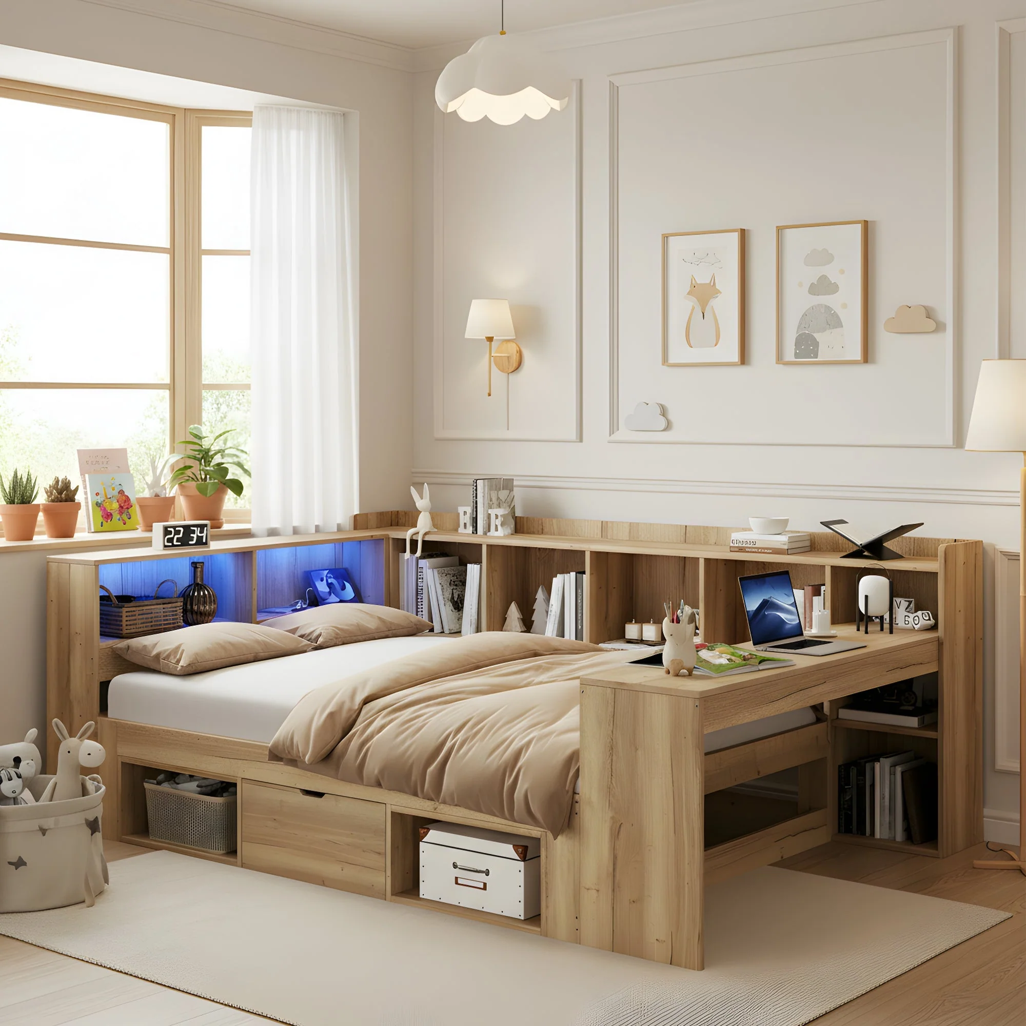 L-shaped Storage Platform Bed with Desk, LED, USB and Drawers, 140x200cm, Natural Wood - Image 3