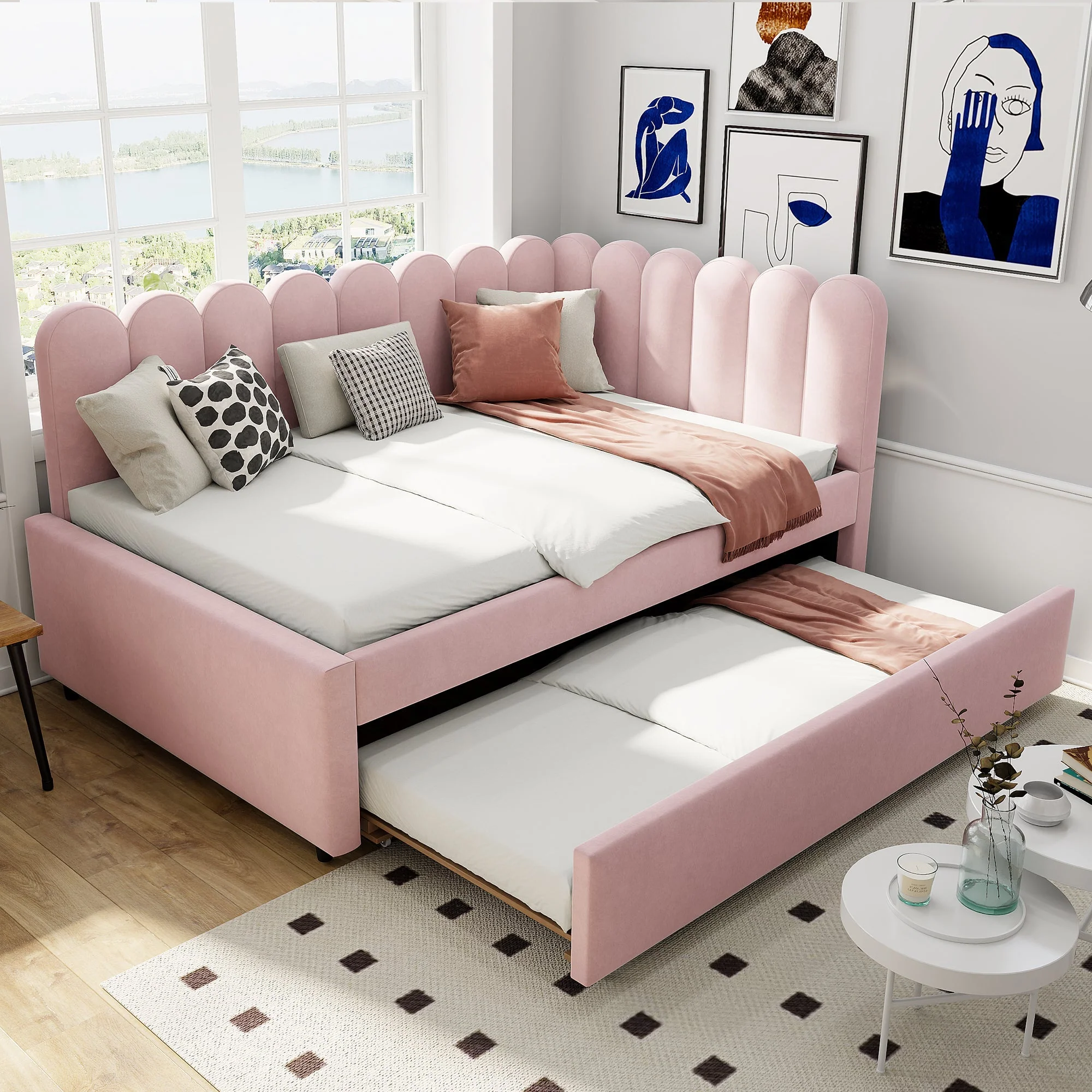 L-shaped Upholstered Bed, Sofa Bed 140x200cm with Pull-Out Bed, Pink Velvet