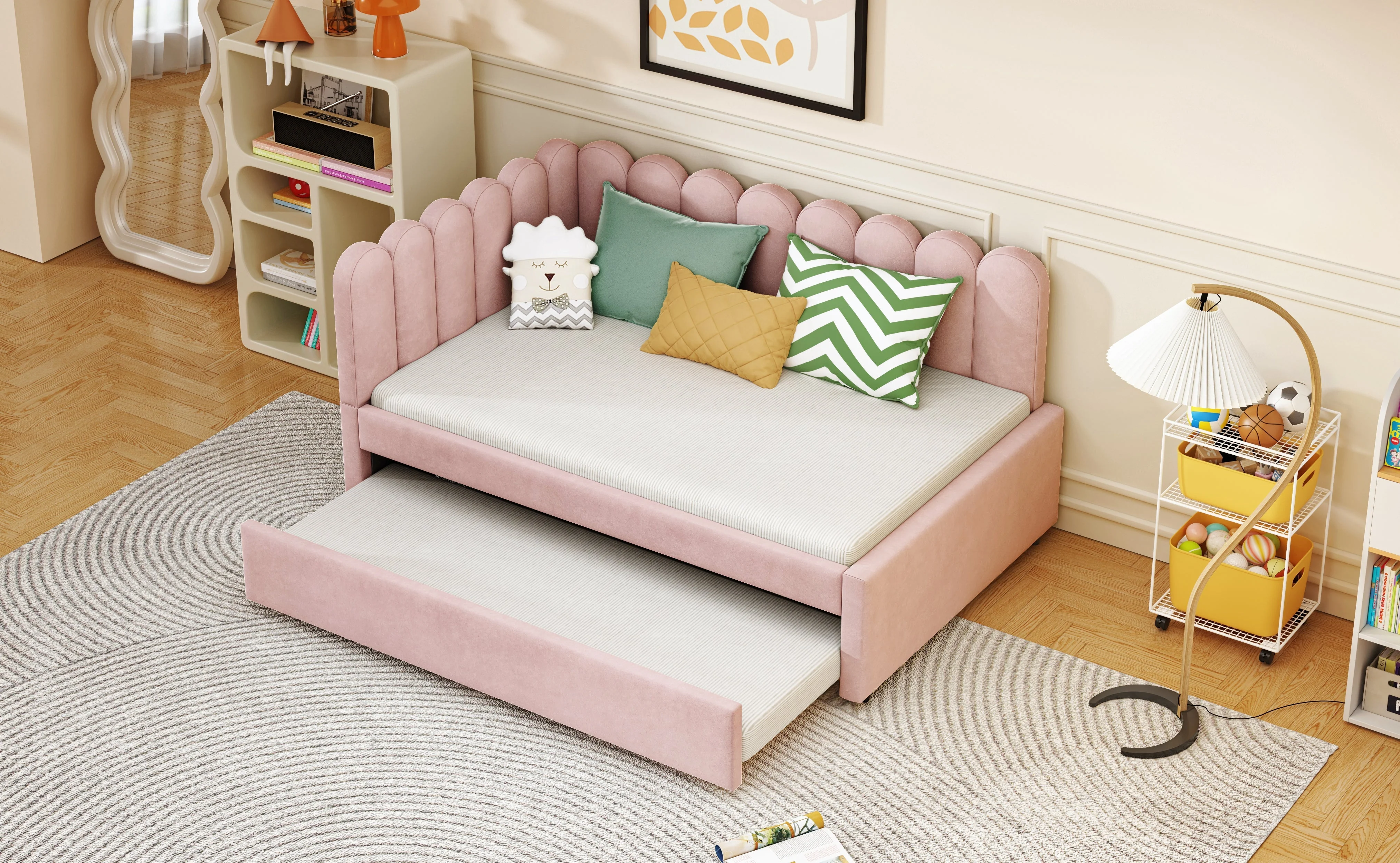 L-shaped Upholstered Bed, Sofa Bed 140x200cm with Pull-Out Bed, Pink Velvet - Image 7
