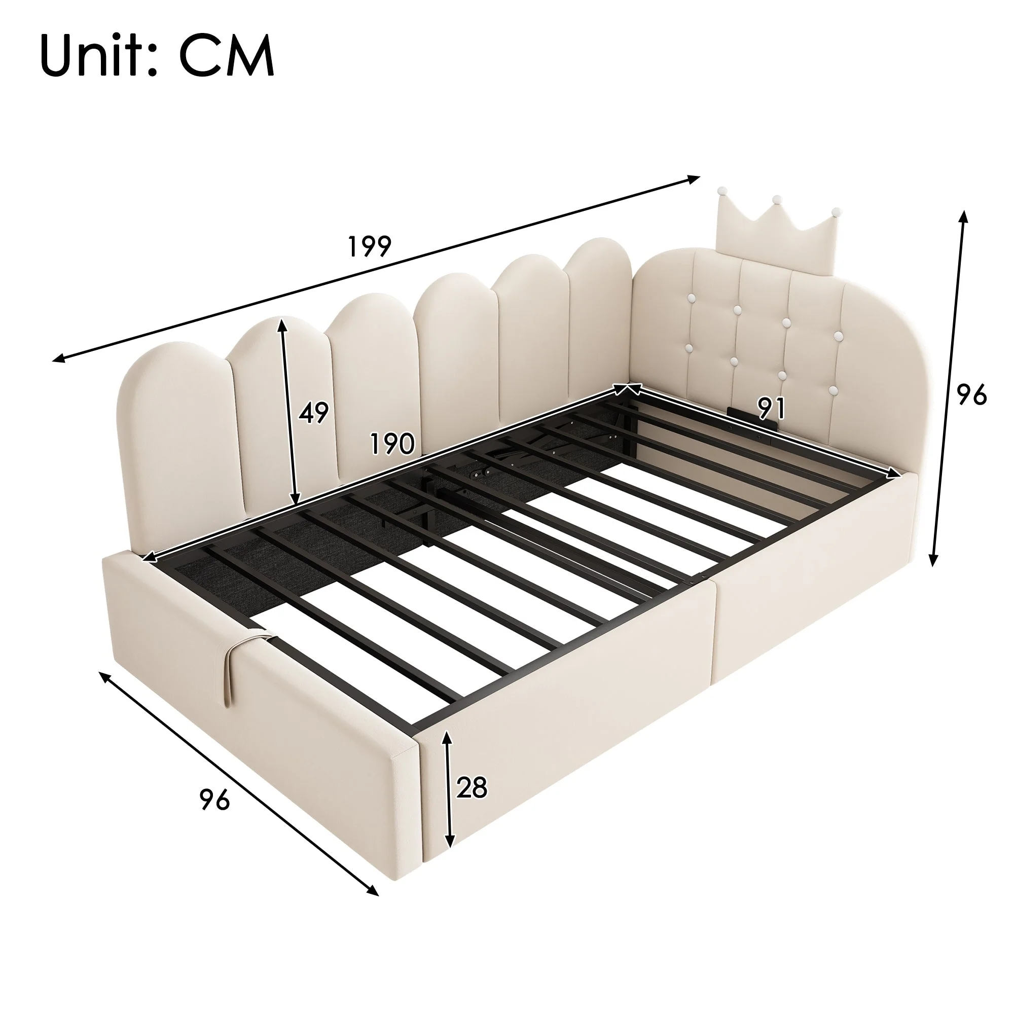 L-Shaped Upholstered Daybed with Hydraulic Storage and Crown-Lattice Design, 90x190cm, Beige Velvet - Image 2