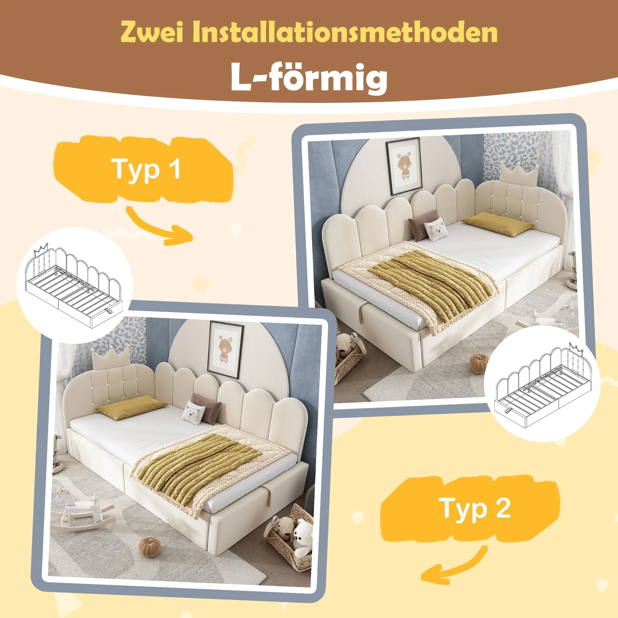 L-Shaped Upholstered Daybed with Hydraulic Storage and Crown-Lattice Design, 90x190cm, Beige Velvet - Image 3