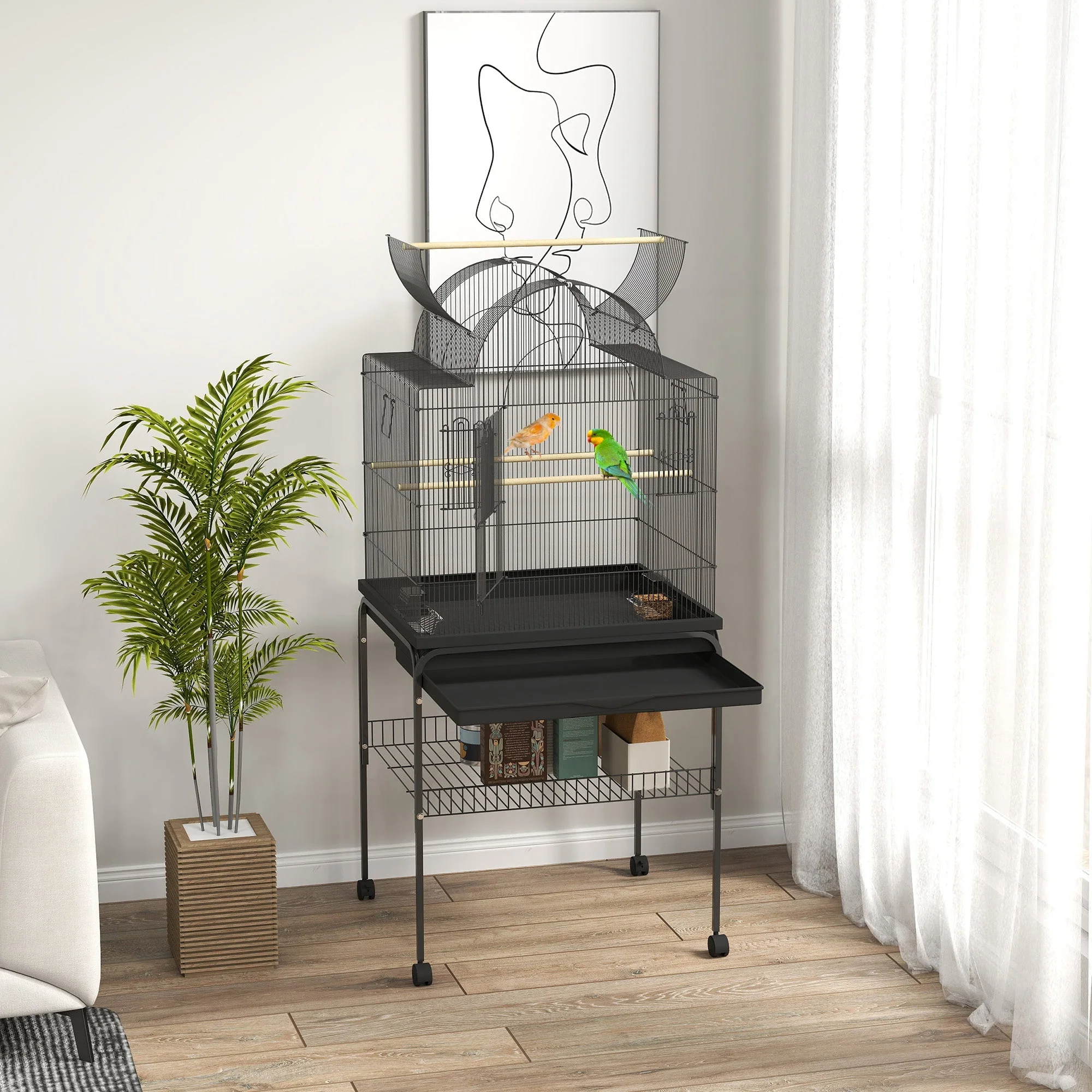 Large Bird Cage Tray Shelf Feeding Station Wheels Steel Black