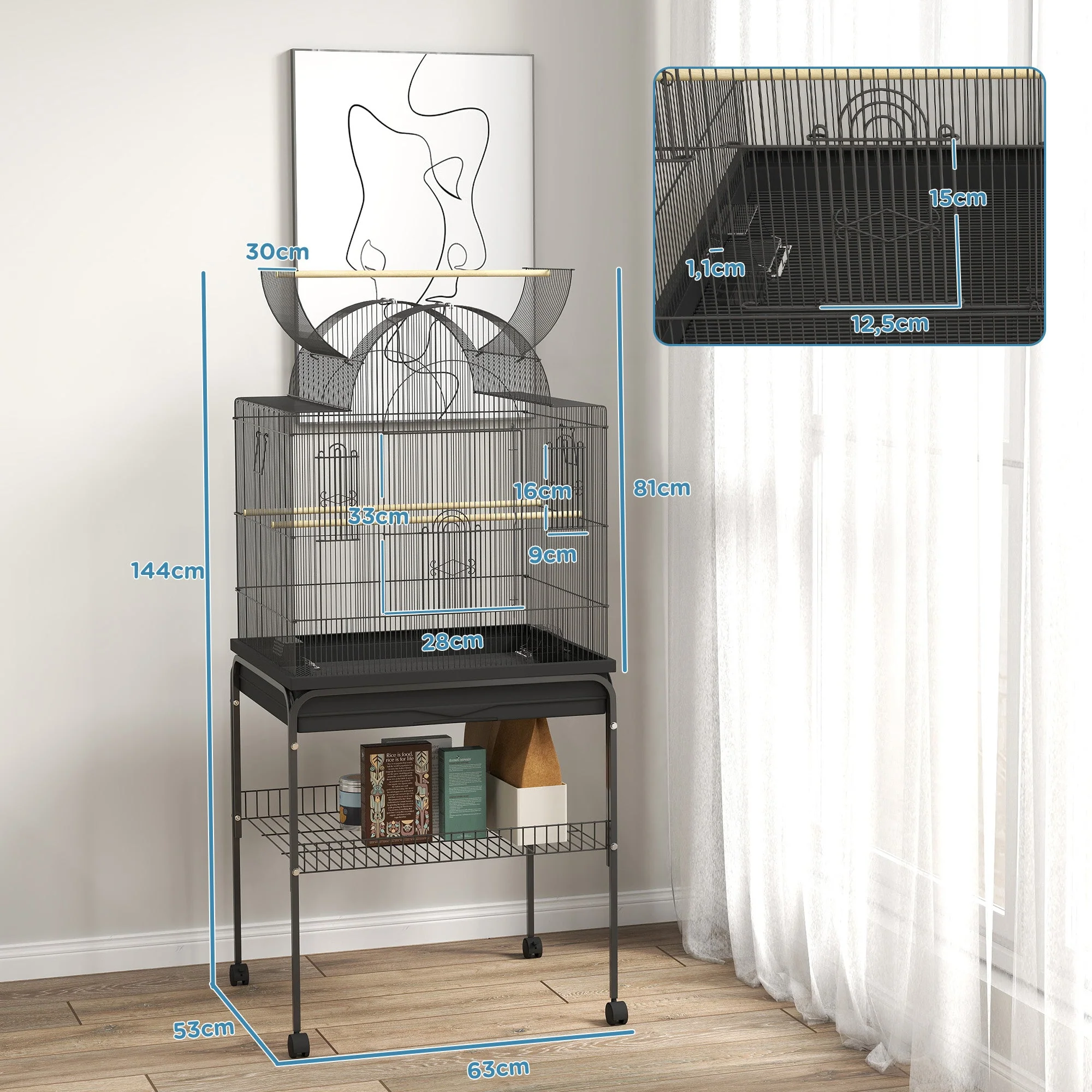 Large Bird Cage Tray Shelf Feeding Station Wheels Steel Black - Image 3
