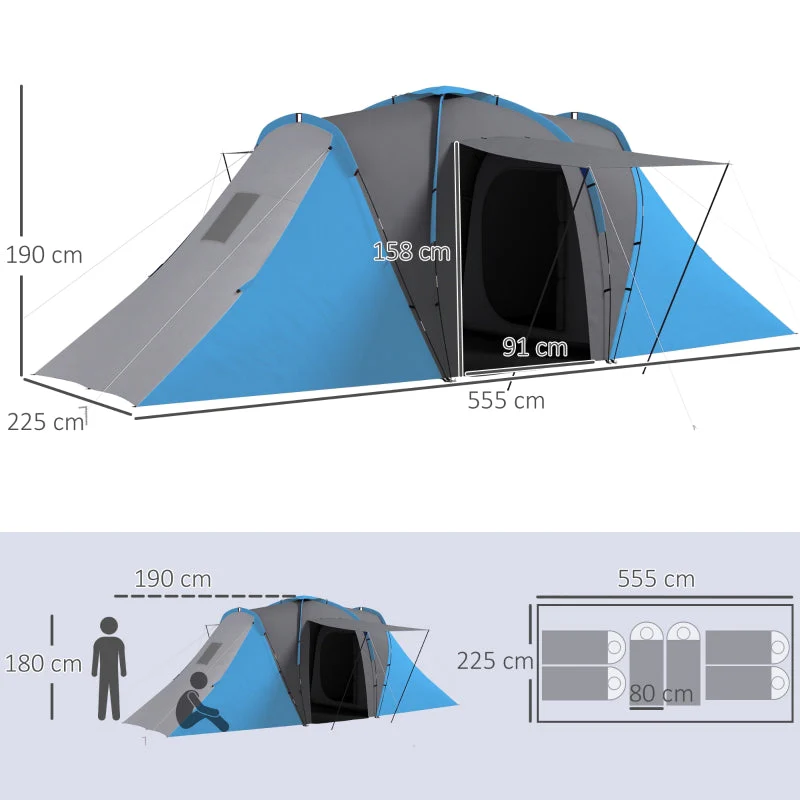 Large Camping Tent, Tunnel, 2 Bedroom, 4-6 Man, 2000mm Waterproof, Blue - Image 3