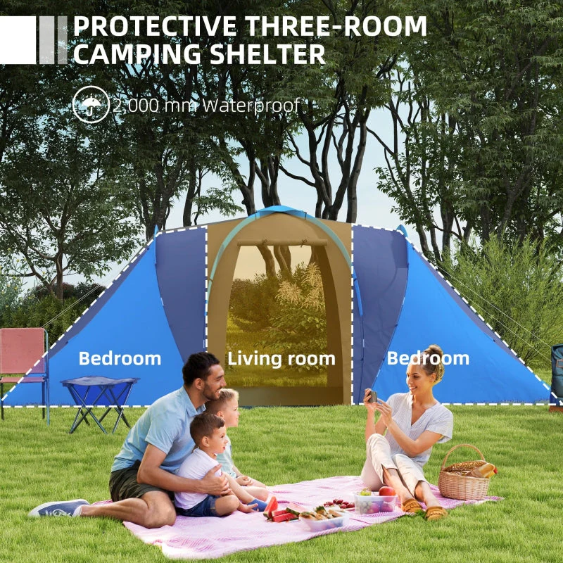 Large Camping Tent, Tunnel, 2 Bedroom, 4-6 Man, 2000mm Waterproof, Blue - Image 4